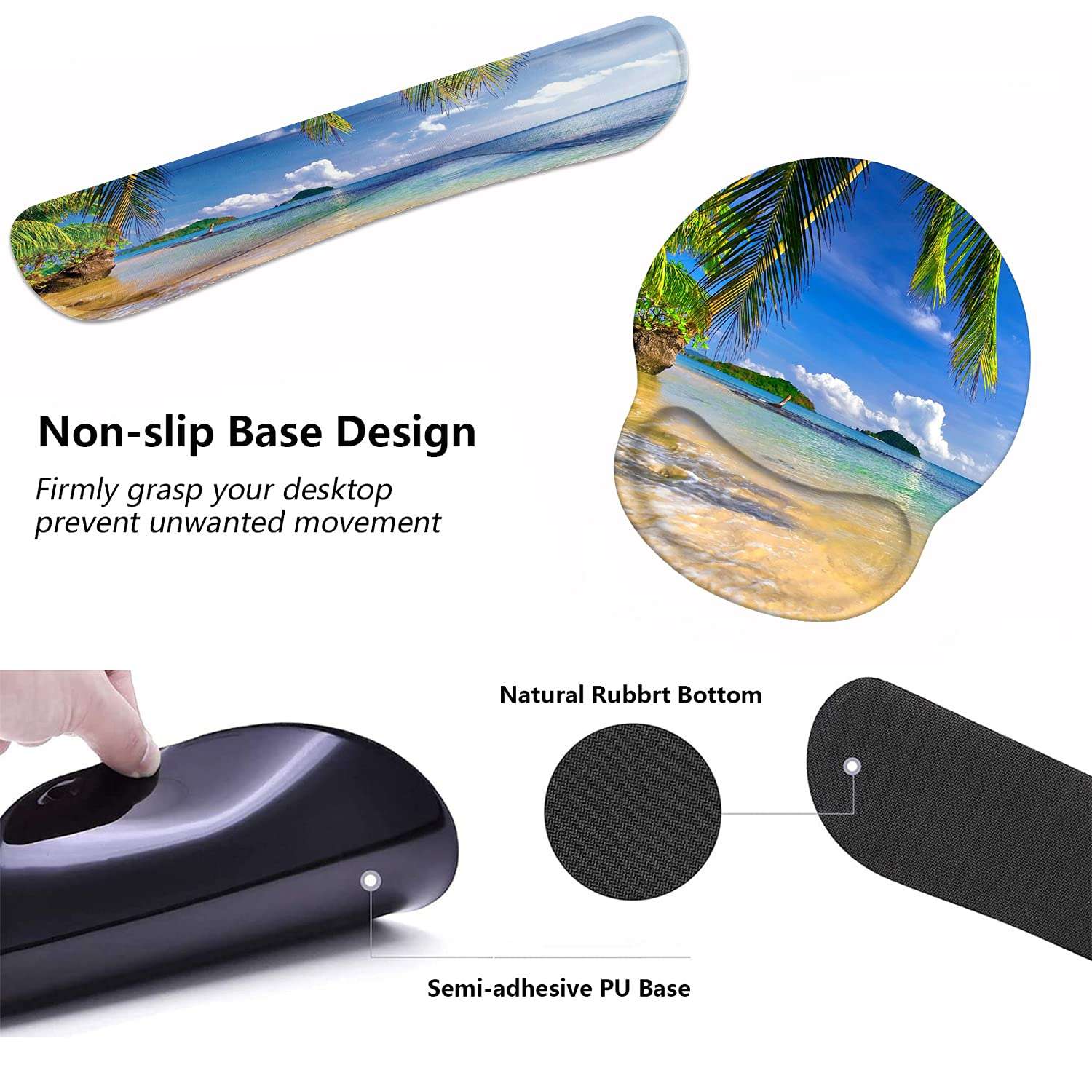 Keyboard Wrist Rest and Mouse Pad Wrist Support Set with Coasters, Non-Slip PU Base Ergonomic Gaming Mousepad for Home Office Working Studying Easy Typing & Pain Relief, Shore Palms Tropical Beach 5