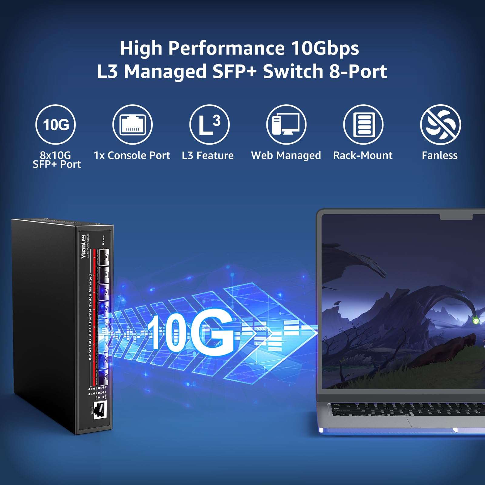 YuanLey 8 Port 10G Managed SFP Switch, 8X 10Gbps SFP+, L3 Smart Managment Ethernet Switch, Link Aggregation, VLAN, QoS, ACL, Rackmount 10Gbe Multi-gig Network Switch, Metal Case, 160Gbps Bandwidth 3