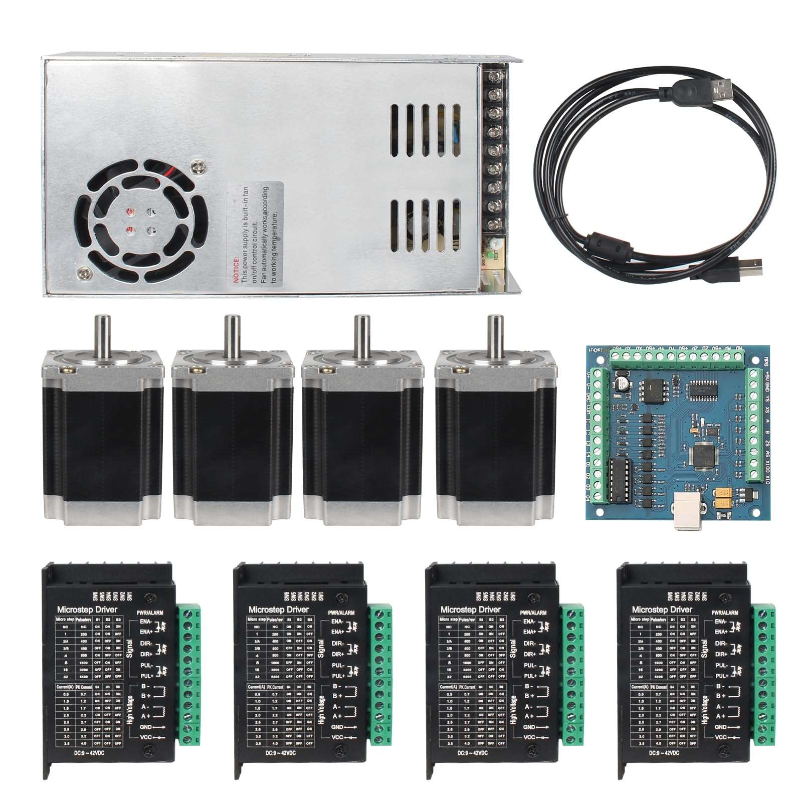 RATTMMOTOR CNC Controller Kit, 4 Axis CNC Kit with Nema23 Stepper Motor 57*76mm 270Oz-in 3A 1.8Nm, TB6600 Driver 4A, USB Mach3 CNC Motion Control Card Breakout Board, 24V Power Supply for CNC Machine