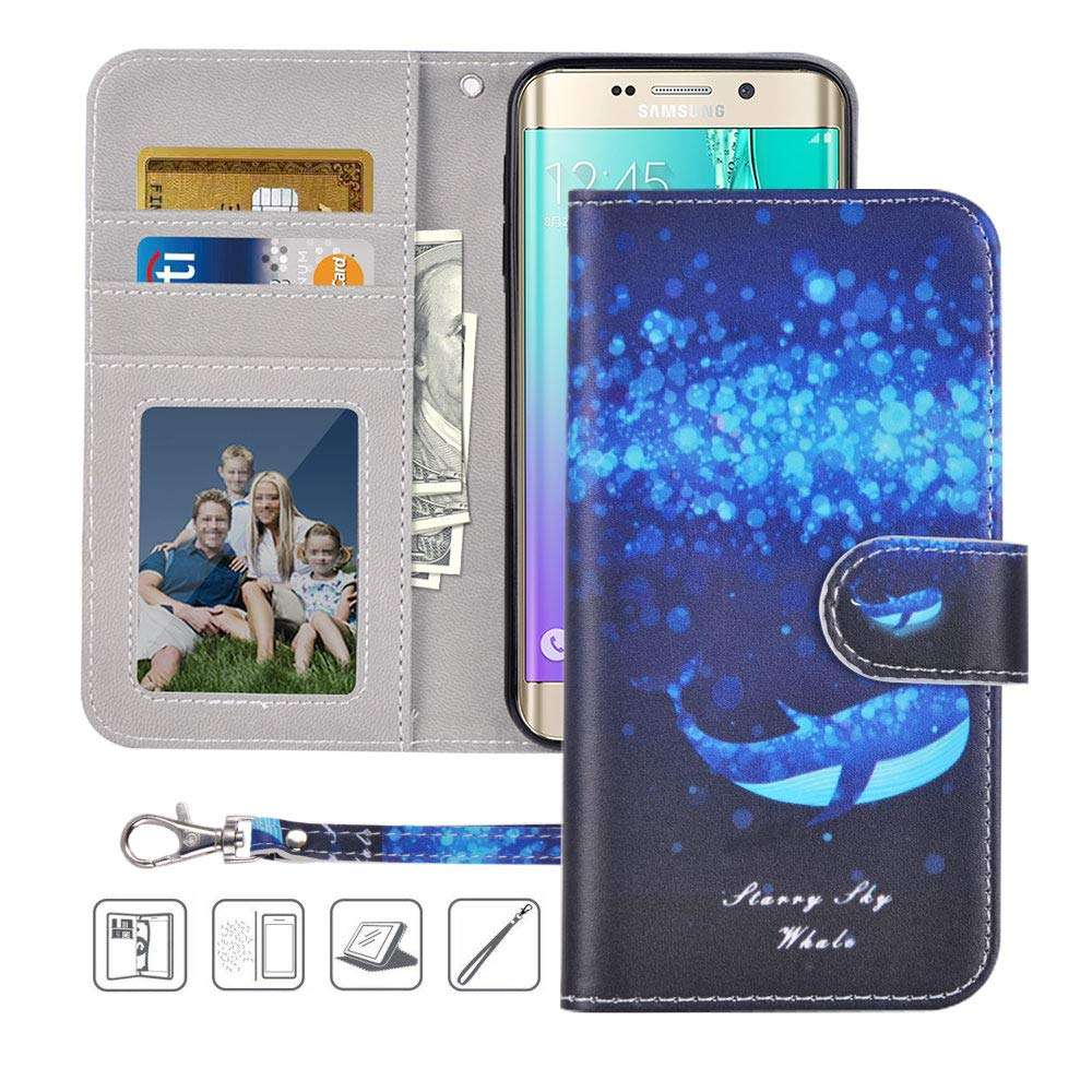 S6 Wallet Case, Galaxy S6 Case, MagicSky Premium PU Leather Flip Folio Case Cover with Wrist Strap,Card Slots, Cash Pocket, Kickstand for Samsung Galaxy S6 (Whale) 1