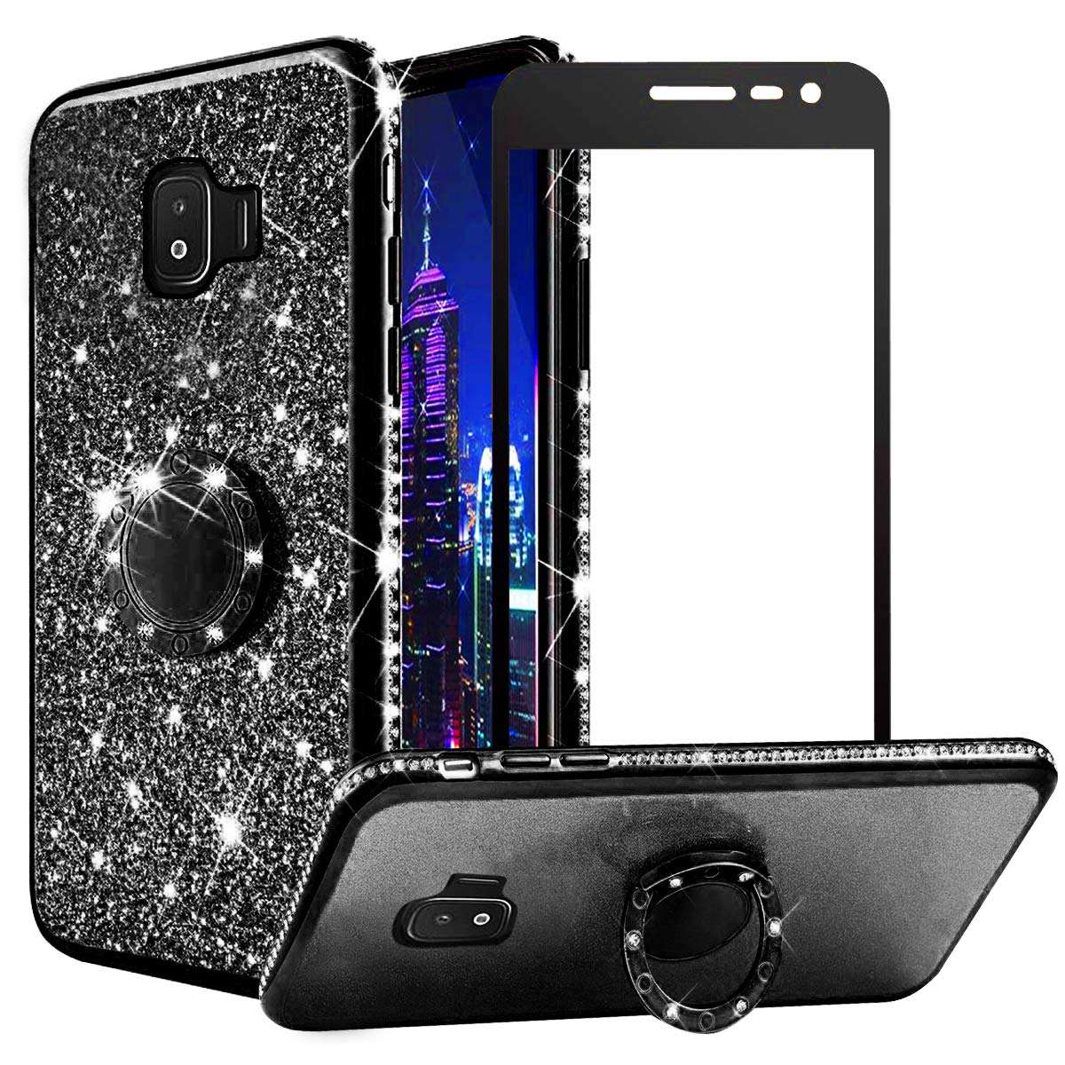 VNGUKS for Samsung Galaxy J2 Core Case with Screen Protector, J2 Pure/J2 2019/J2 Dash/J2 Shine Case, Bling Diamond Glitter Silicone Bumper with Metal Ring Holder Cover with Tempered Glass, Black 1