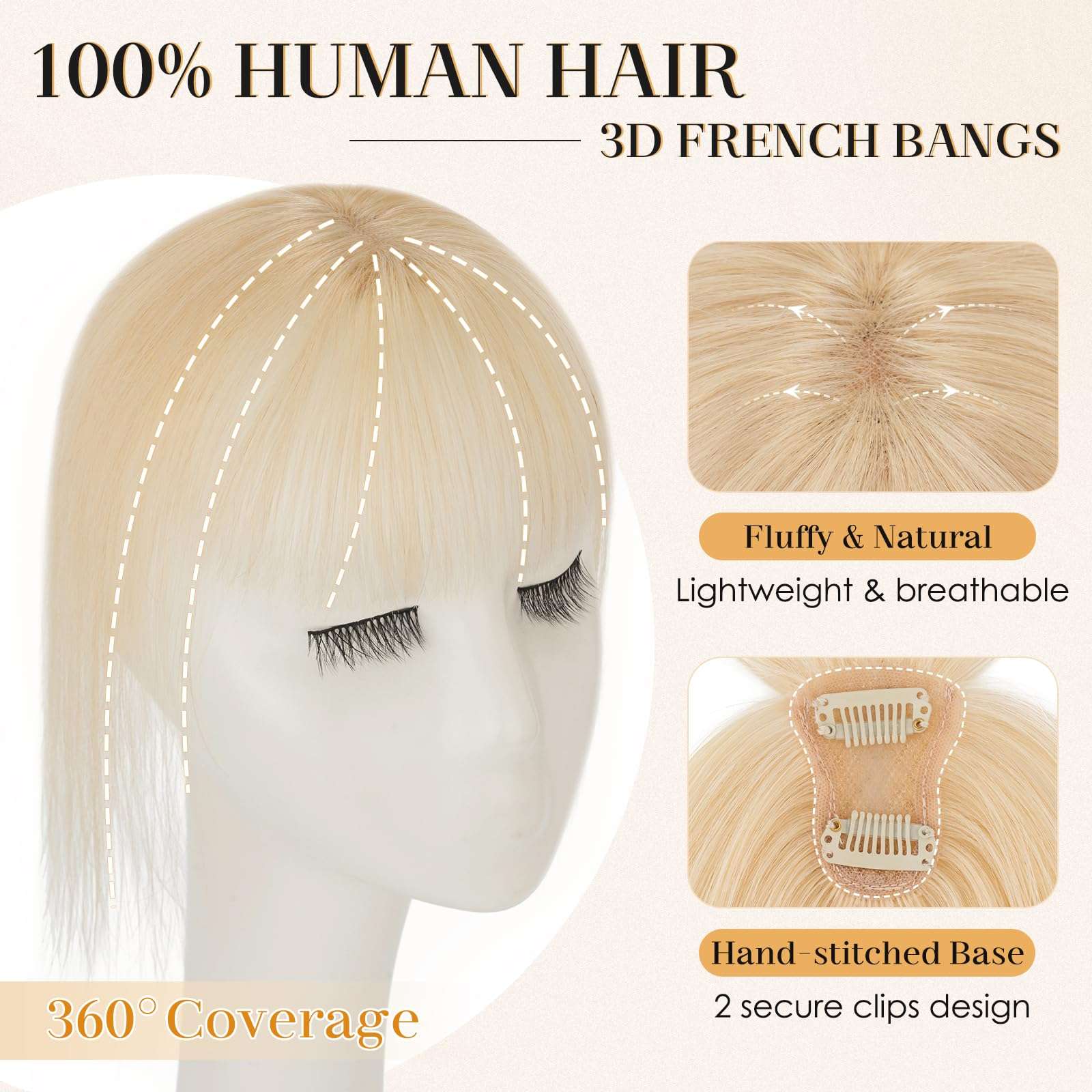 S-noilite Bangs Hair Clip,360° 3D Cover Real Clip in Bangs Human Hair Toppers for Women With Wispy Bang Daily Wear Bleach Blonde 3