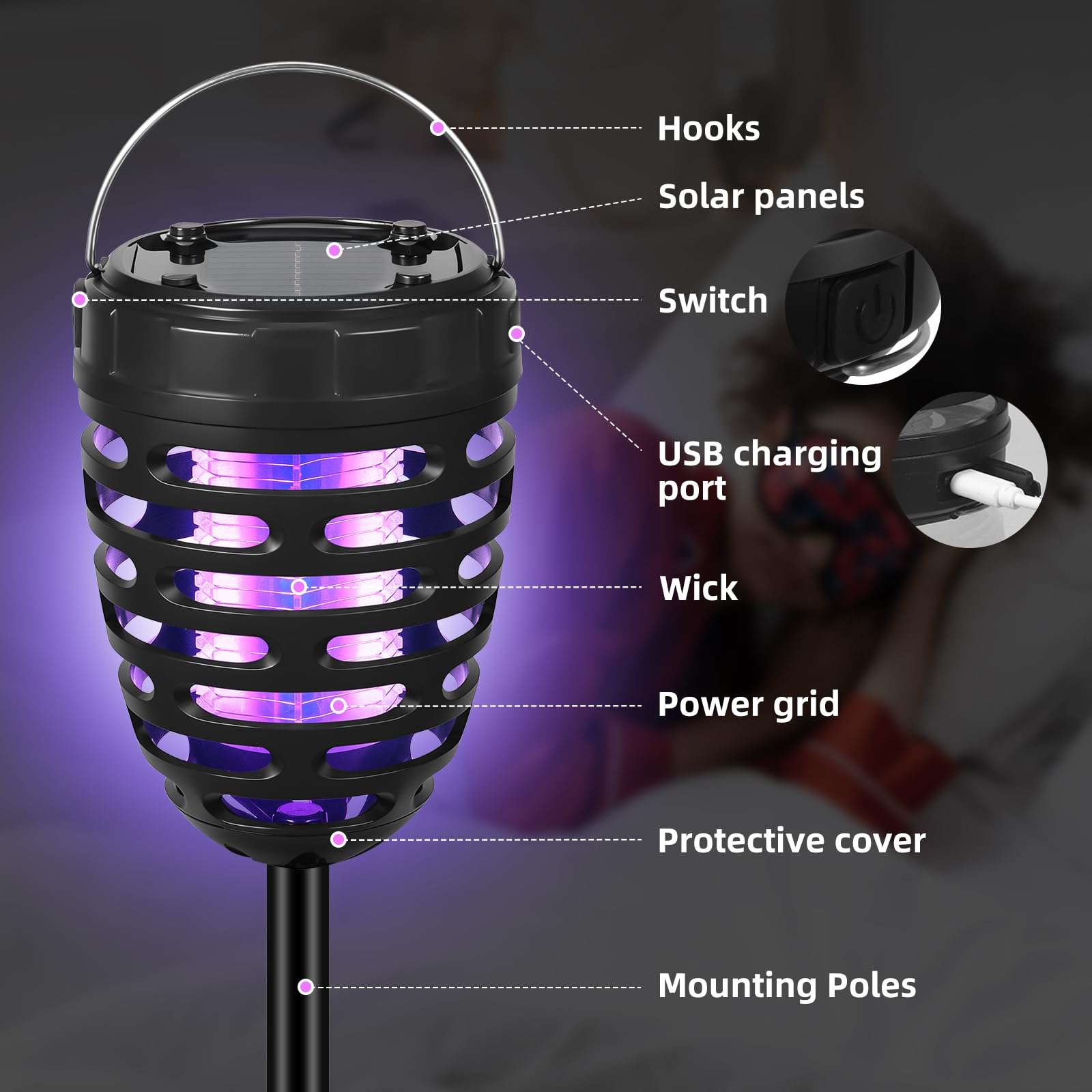 2024 Upgraded Solar Bug Zapper Outdoor Waterproof Mosquito Zapper Outdoor Mosquito Trap Bug Lights Mosquito Repellent for Outdoor Use Patio Garden Pathway(2 Pack) 4