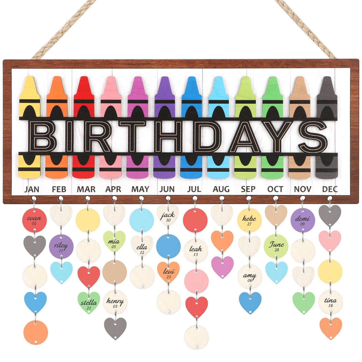 HPNIUB 3D Birthday Calendar Wall Hanging, DIY Family Birthday Plaque with Tags Gifts for Classroom School Home, Colorful Crayon Theme Reminder Tracker Calendar Board with 100pcs Wood Tags(15.4''x6.3'')
