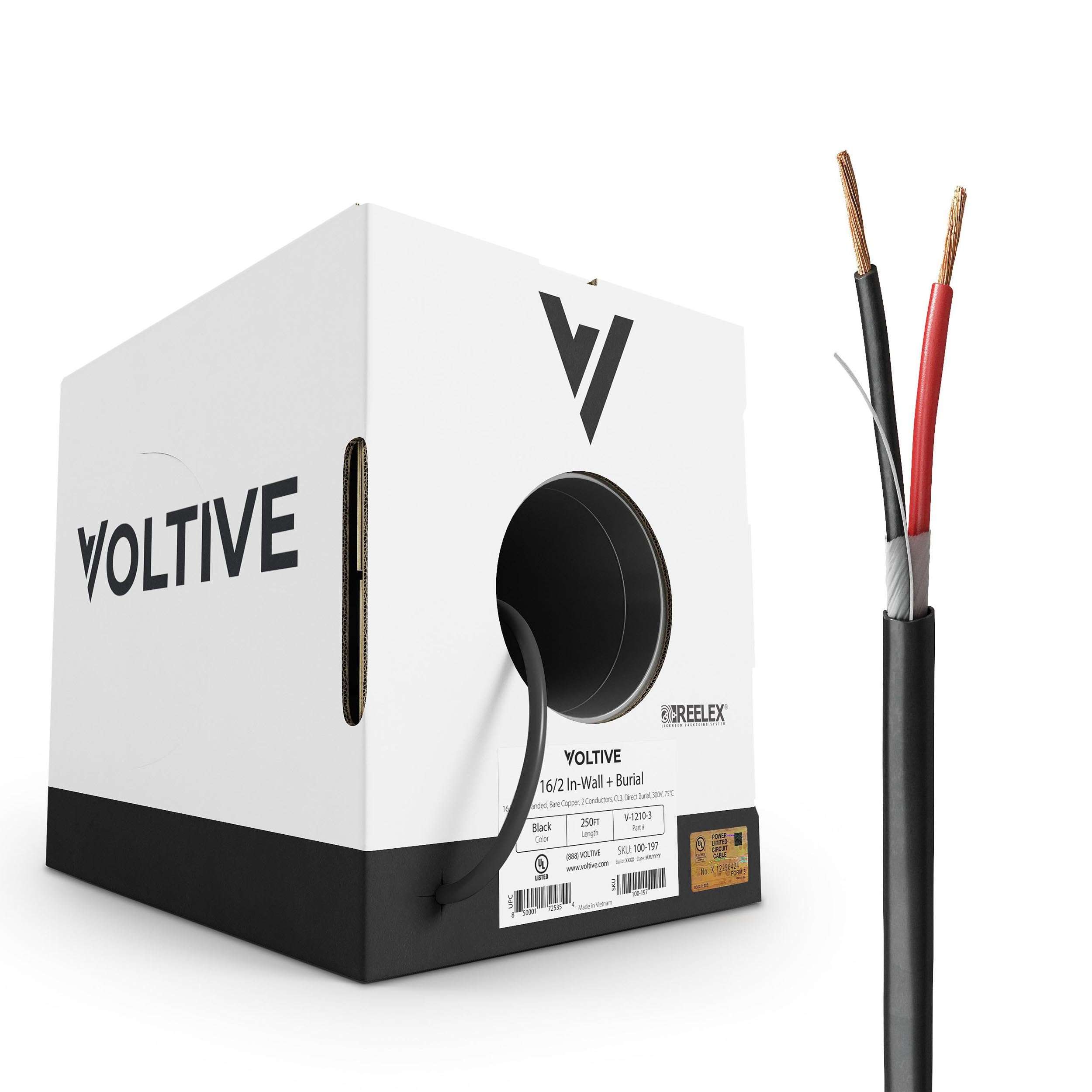 Voltive 16/2 Speaker Wire - 16 AWG/Gauge 2 Conductor - UL Listed in Wall (CL2/CL3) and Outdoor/In Ground (Direct Burial) Rated - Oxygen-Free Copper (OFC) - 250 Foot Bulk Cable Pull Box - Black 1