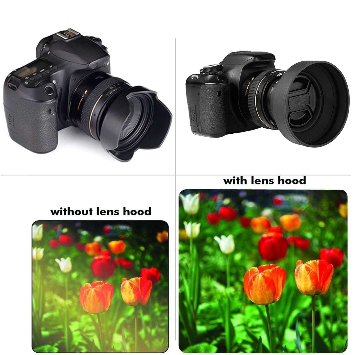 58mm Lens Hood Set, Collapsible Rubber Lens Hood with Filter Thread + Reversible Tulip Flower Lens Hood + Center Pinch Lens Cap + Microfiber Lens Cleaning Cloth 6