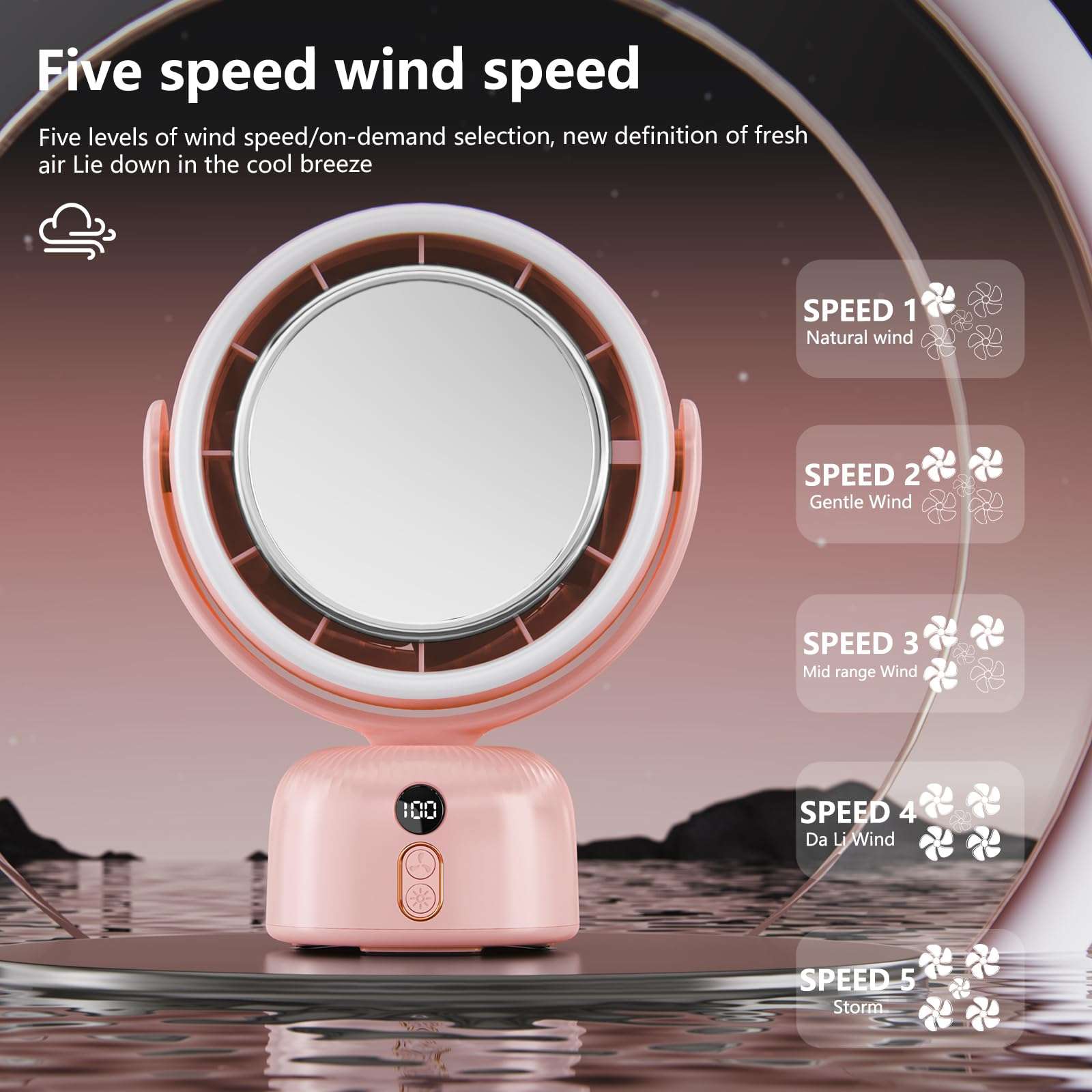 6000mah Table Fan with makeup mirror and led light 5-Speed Ultra-Quiet Cooling |Dimming led vanity mirror with light fan | USB-Powered Portable Fan For Home/Office/Outdoor (Pink) 6