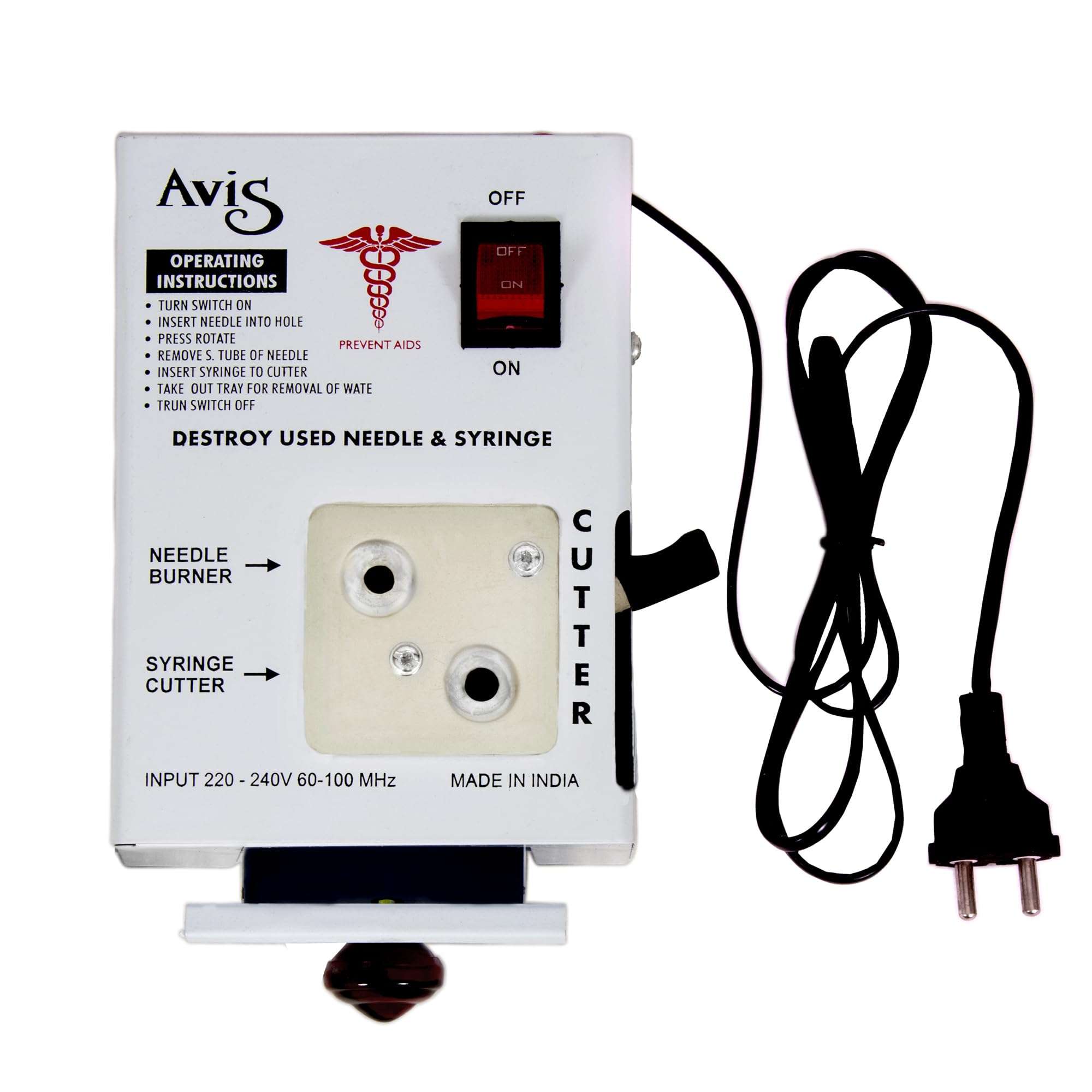 AVIS Electronic Needle & Syringe Destroyer Machine for Hospital & Laboratory Shock Proof Metal Body Mechanism Low Power Consumption With On/Off Switch 1