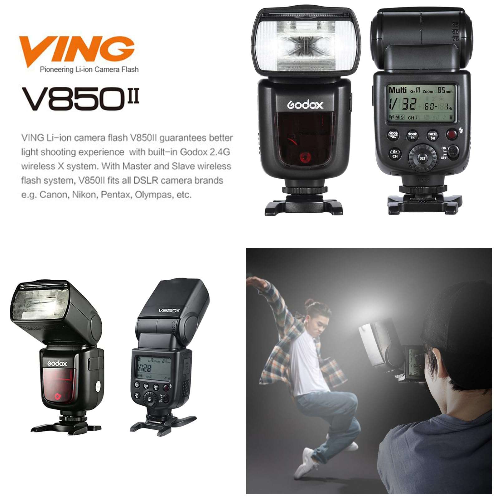 Godox V850II Camera Flash Speedlite, GN60 1/8000s HSS Flash Speedlight with 11.1V/2000mAh Li-ion Battery, 1.5s Recycle time 650 Full Power Pops, Compatible for Canon Nikon Sony Fuji Olympus Pentax 2
