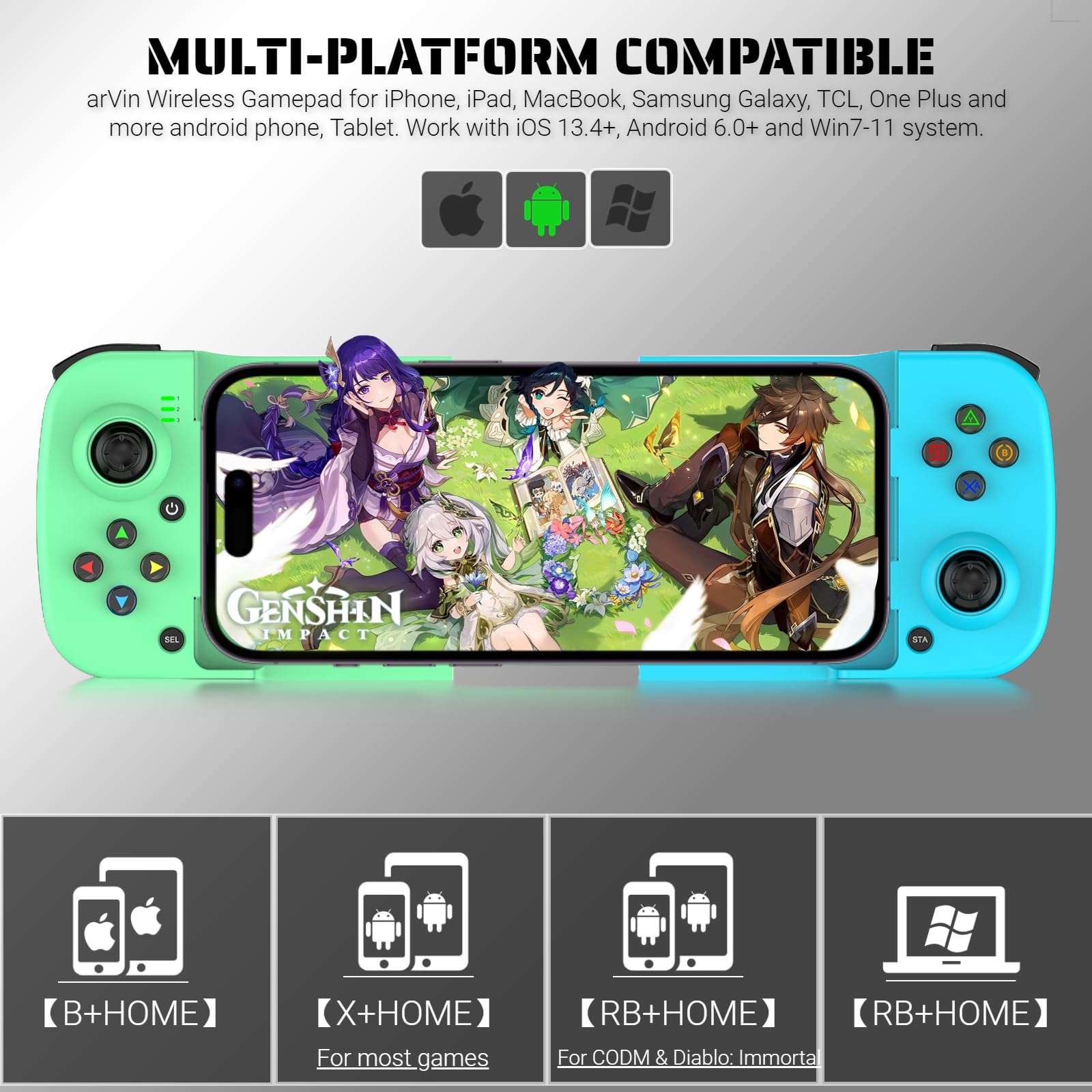 arVin Wireless Gaming Controller for iPhone Android Gamepad Joystick for iPhone 15/14/13, iOS, iPad, MacBook, Samsung Galaxy S23/22/21, TCL, One Plus, Tablet, PC, Call of Duty Mobile, Genshin, Diablo 2