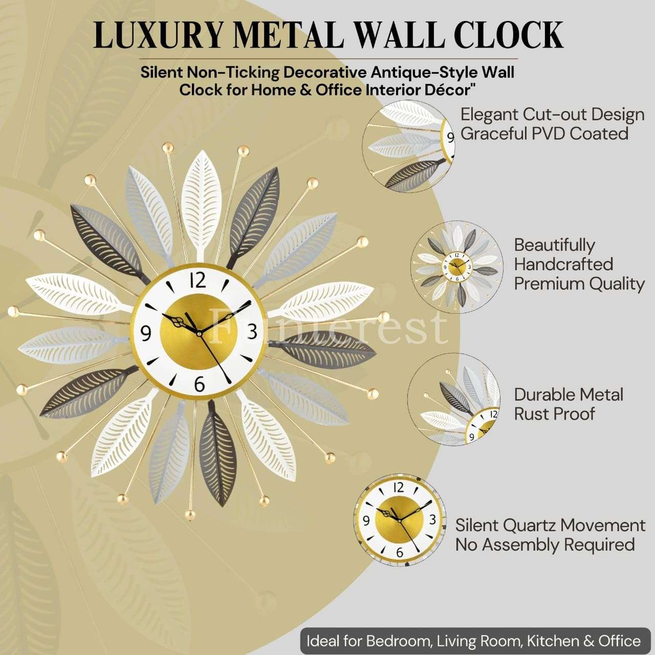 FUNTEREST Luxury Metal Wall Clock for Living Room | Decorative Sunburst Leaf Design Wall Clock | Silent Quartz Movement | Modern Home & Office Décor (55X55 Cm) (Gold, Grey & Brown) 6