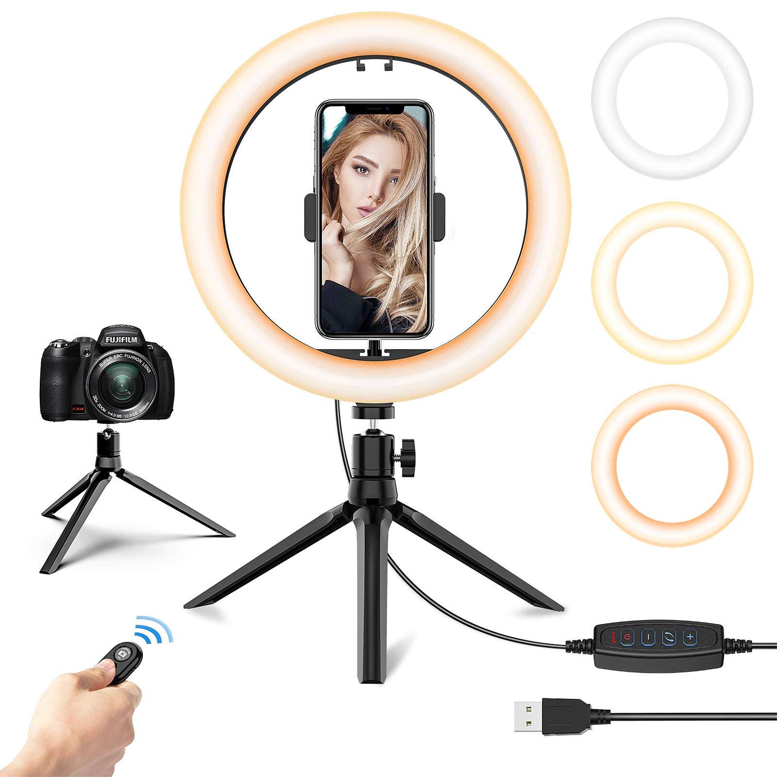 10.2'' Selfie Ring Light with Tripod Stand & Phone Holder - Upgraded Dimmable Camera Ring Light with Makeup Mirror for TikTok/YouTube/Live Stream/Makeup/Photography Compatible with iPhone Android 1