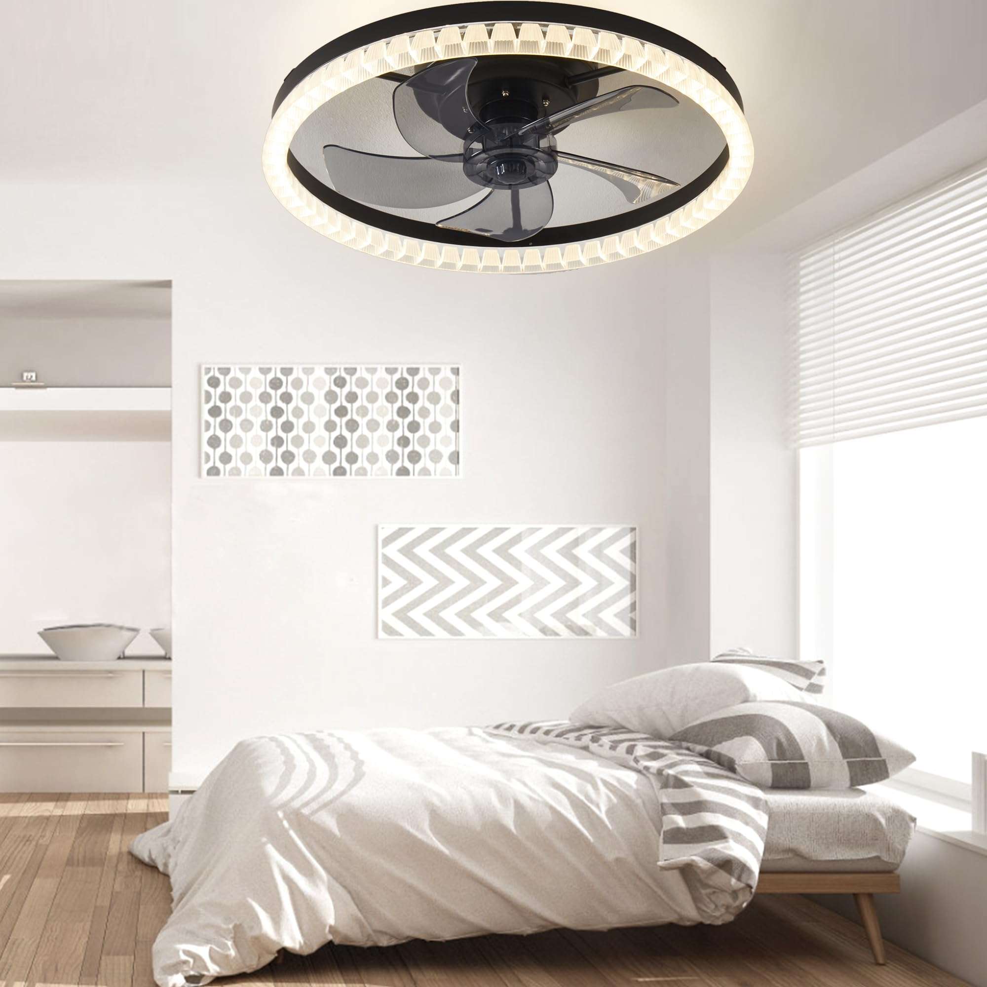 MARKYEE Alexa Modern Ceiling Fan with Light, 3000K-6500K dimmable LED Ceiling Fan Light, Living Room Dining Room Bedroom Round 19.7in/50cm Black 4
