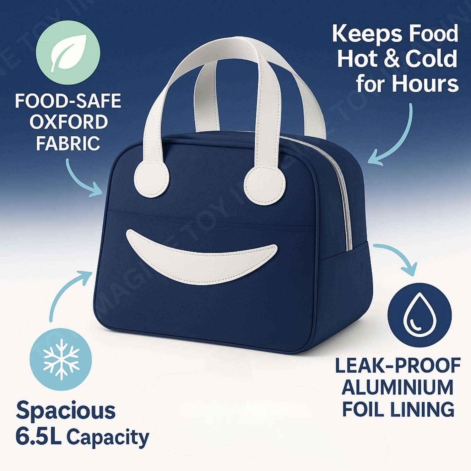 Toy Imagine Smiley Insulated Lunch Bag for Kids & Office | Tiffin Bag for School Boys & Girls | Snack Tote Bag for Women | Compact & Portable Leak-Proof 6.5L (Assorted) 4