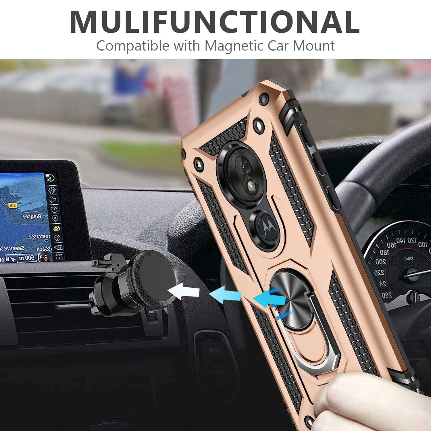 AUPAI Moto G7 Play Case with Glass Screen Protector, Heavy Duty 15ft Drop Tested Shockproof Cover with Magnetic Ring Kickstand,Protective Phone Case for Moto G7 Play Gold 4