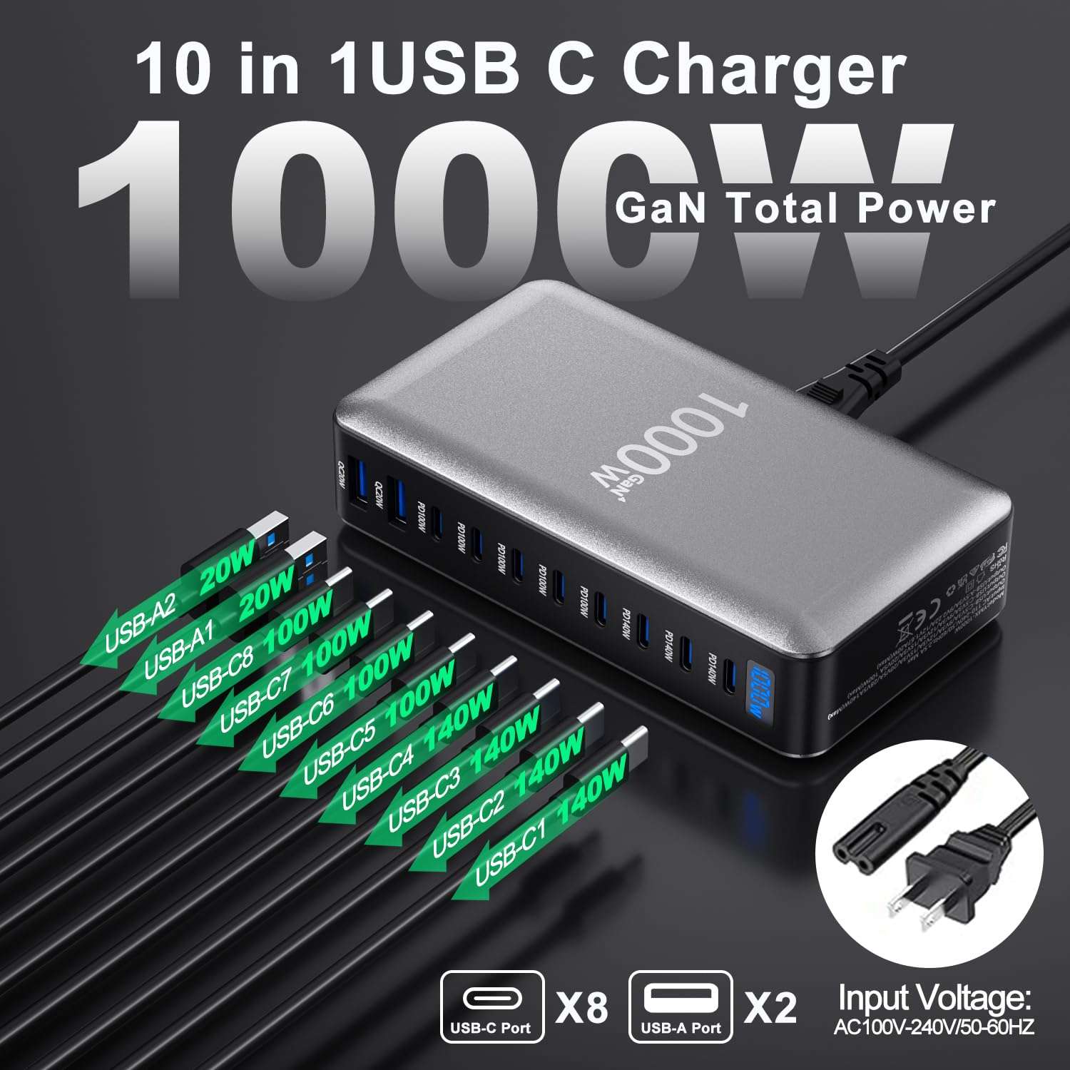 Type C Charging Station 1000W, 10 Port Cell Phone Charging Stations, Charging Hub Multiple Devices Laptop MacBook Charger Compatible with iPhone 17/16/15/14/13/Samsung S25/S24 MacBook Pro/Air/iPad Pro 3