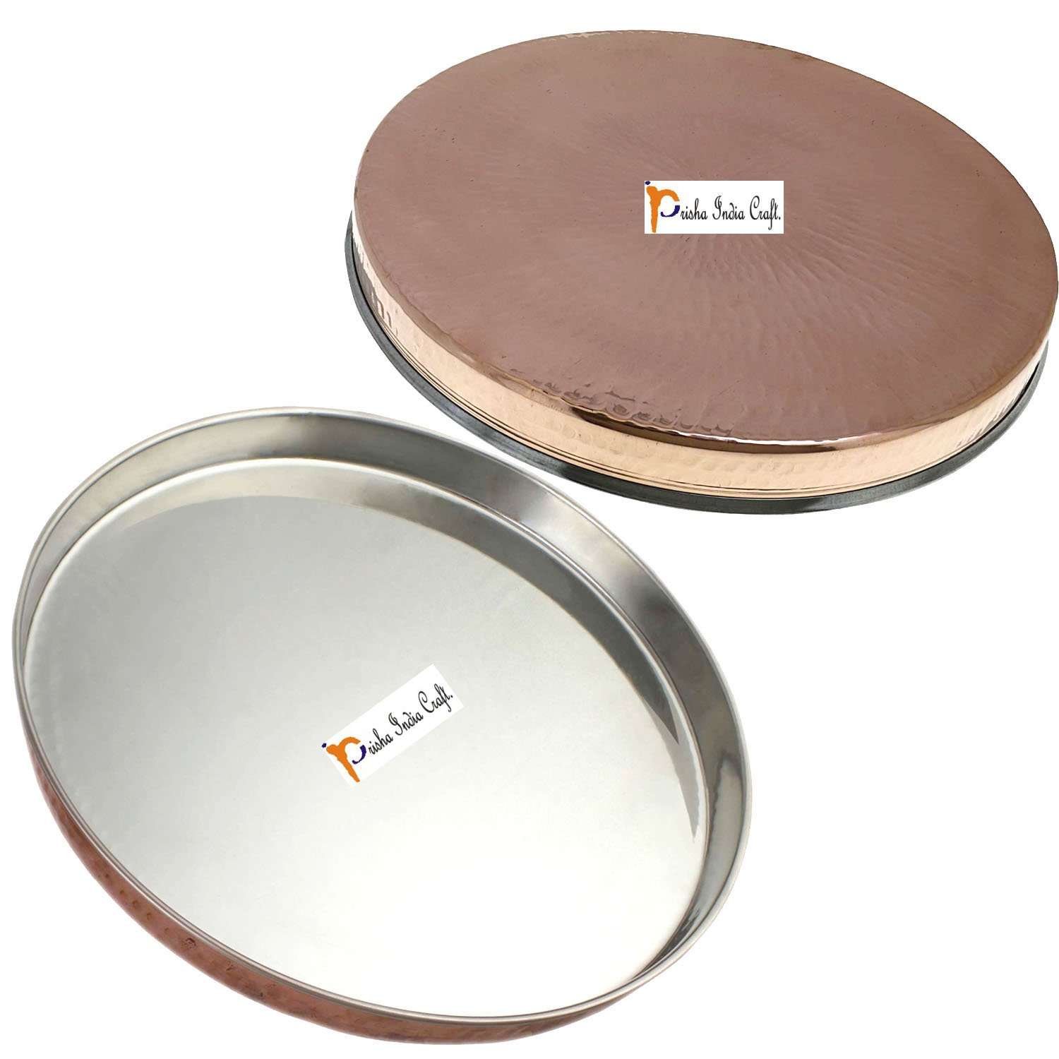 Prisha India Craft Copper Stainless Steel Large Dinner Plate Thali Set Dinnerware - Copper Dinner Set Online India - 5 Thali Set, 1 Jug 6