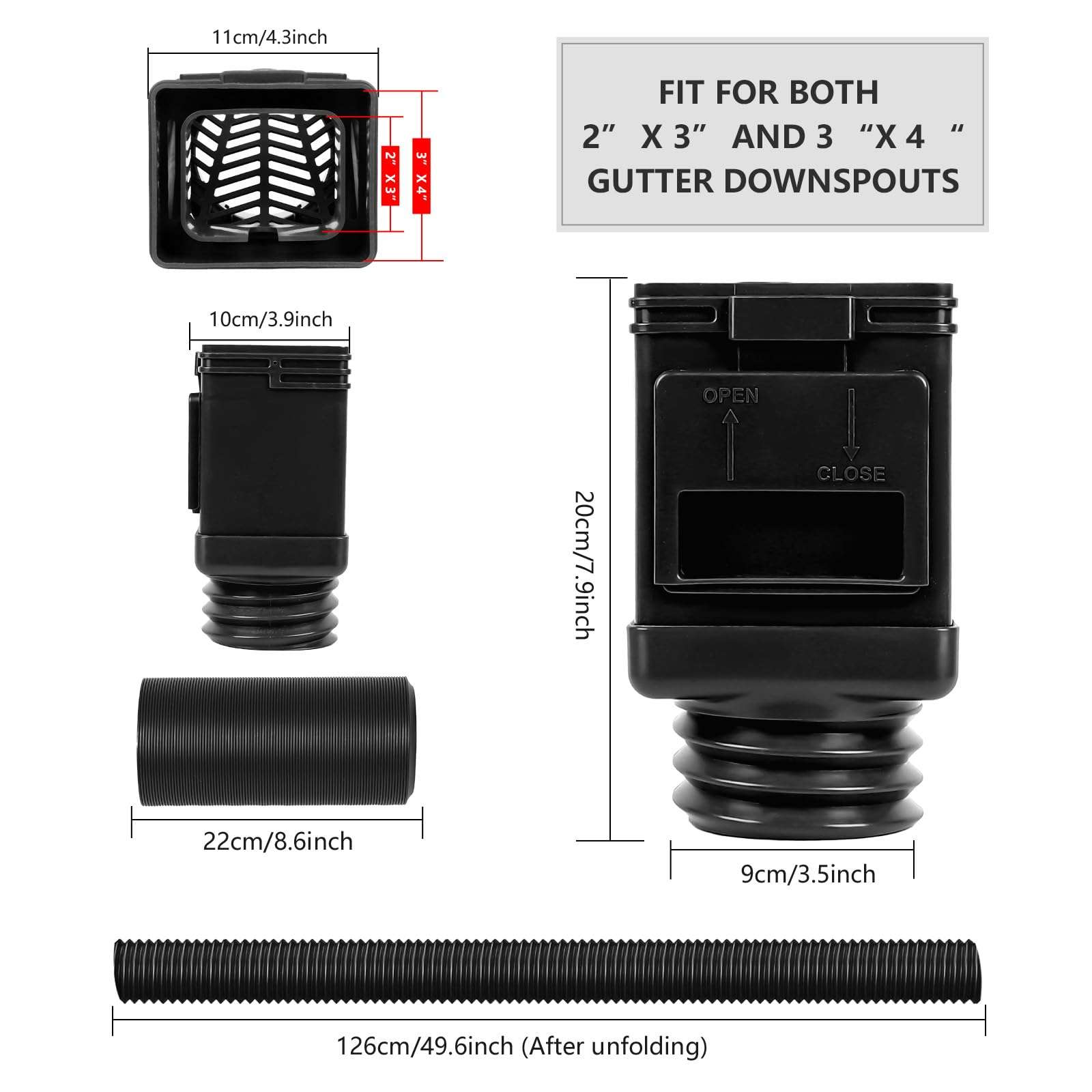 3 Pack Rain Gutter Downspout Extensions, Pathneer Extra Long Downspout Extension, Leaf Eater Downspout Filter, Downspout Adapter Fit both 2''×3'' and 3''×4'' Drainpipe, Black 4