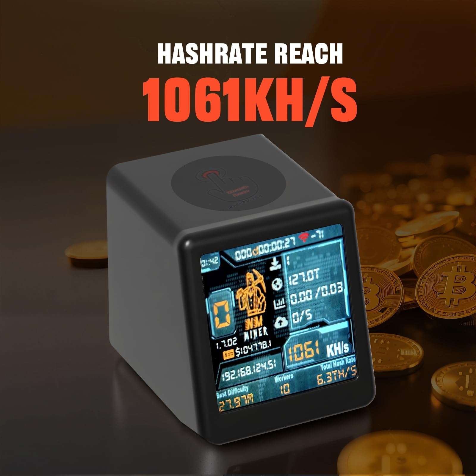 Reiwudo Bitcoins Miner USB Miner 1060KH/s Desktop-Style V2 ESP32 Hashrate 1.54 Inch Smart Display Crypto Solo Lottery Miner Solo Mining 2000% Win Boost (Black) 4