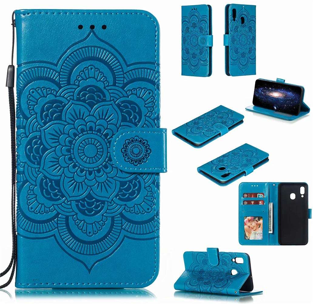 MEUPZZK Samsung A20 Case, Samsung Galaxy A30 Wallet Case, Embossed Mandala Premium PU Leather [Folio Flip] [Kickstand] [Card Slots] [Wrist Strap] [6.4 inch] Cover for Samsung A20/A30 (H-Blue) 2