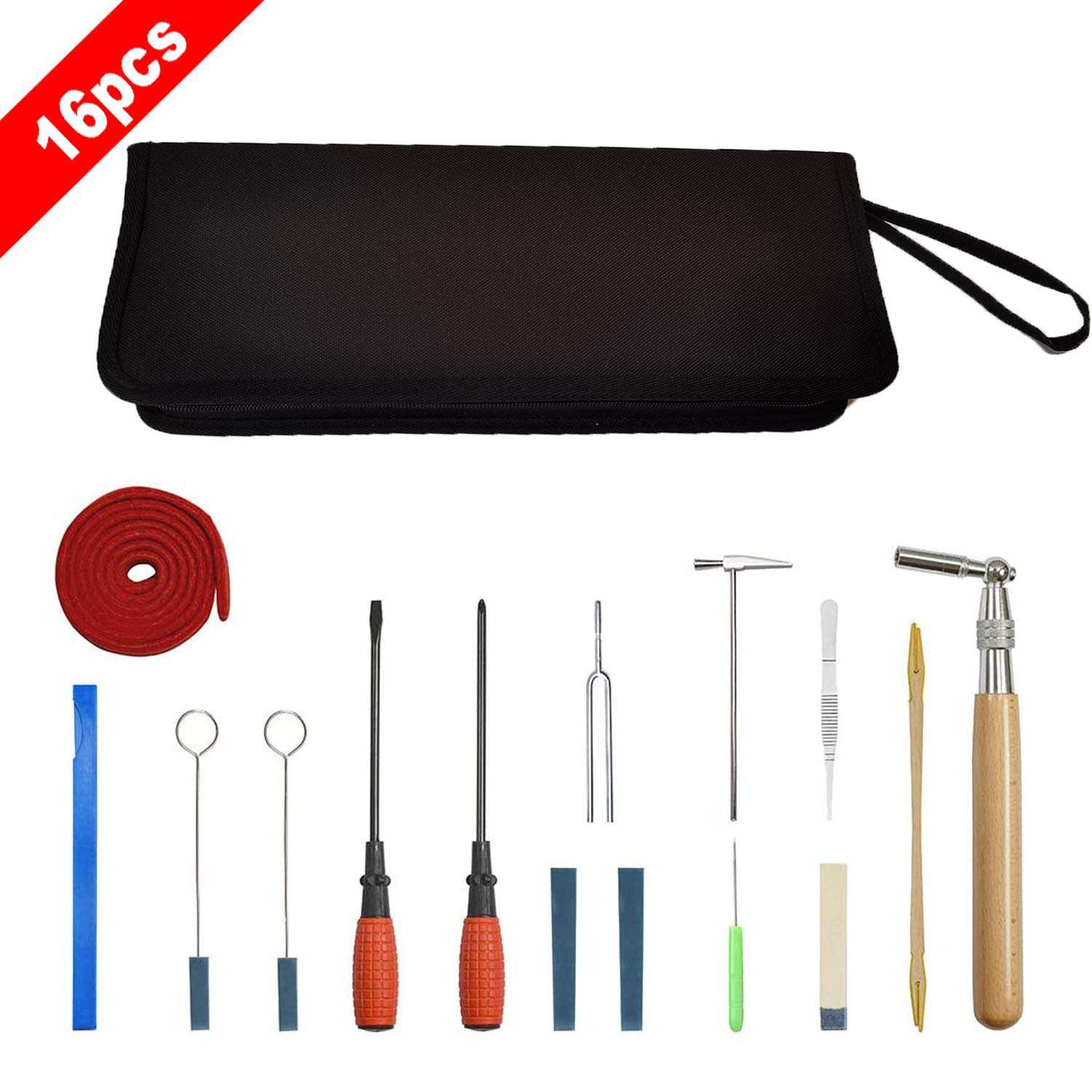 Professional Piano Tuning Kit - The Best Tuner Set 16 Pcs Including Universal Star Head Hammer, Mute tools, Felt Temperament Strip, Tuning Wrench, Tuning Fork, Piano Repairing Accessories, Case 3