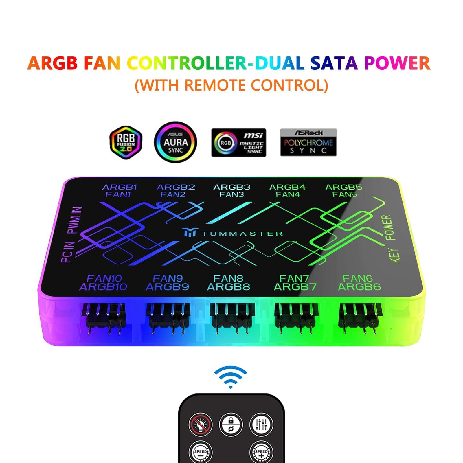TUMMASTER Dual SATA ARGB Fan Controller - 4 Pin PC Hub With Magnetic Suction RF Remote & Chassis Key Control - Supports 10 PWM Fans Splitter 5V/12V for PC Building 6