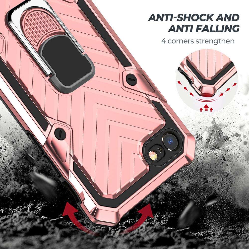 Military Grade for iPhone 8 Case iPhone 7 Case iPhone SE 2020 Metal Rotating Ring with Kickstand Holder Armor Heavy Duty Shockproof Drop Protective Cover for iPhone 8/7/SE 2020 Phone Case (Rose Gold) 4