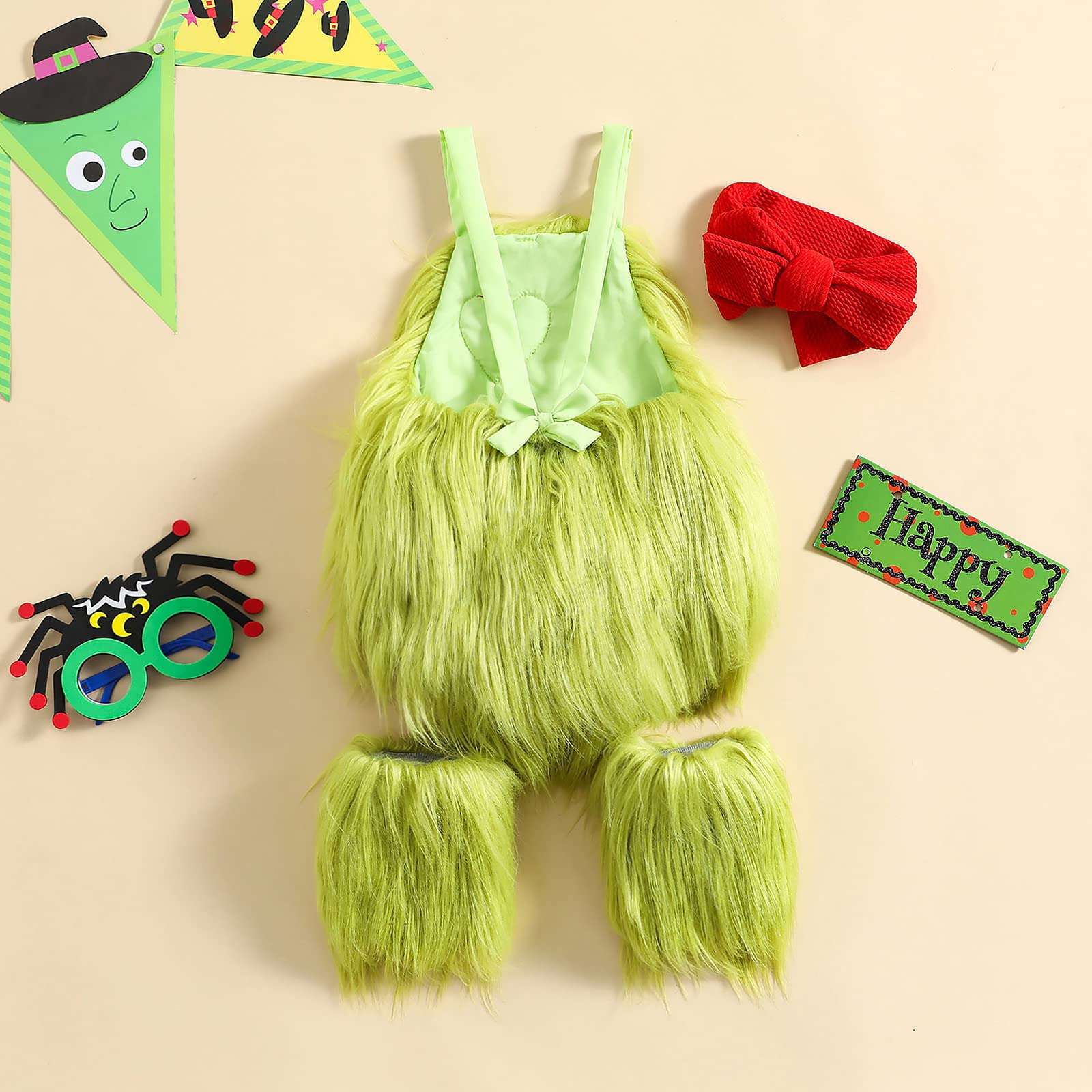 RWYBEIW Christmas Baby Girl Outfit Infant Furry Sleeveless Romper Headband Leg Warmer Green Monster Xmas Cosplay Costume (Green, 6-12 Months) 5