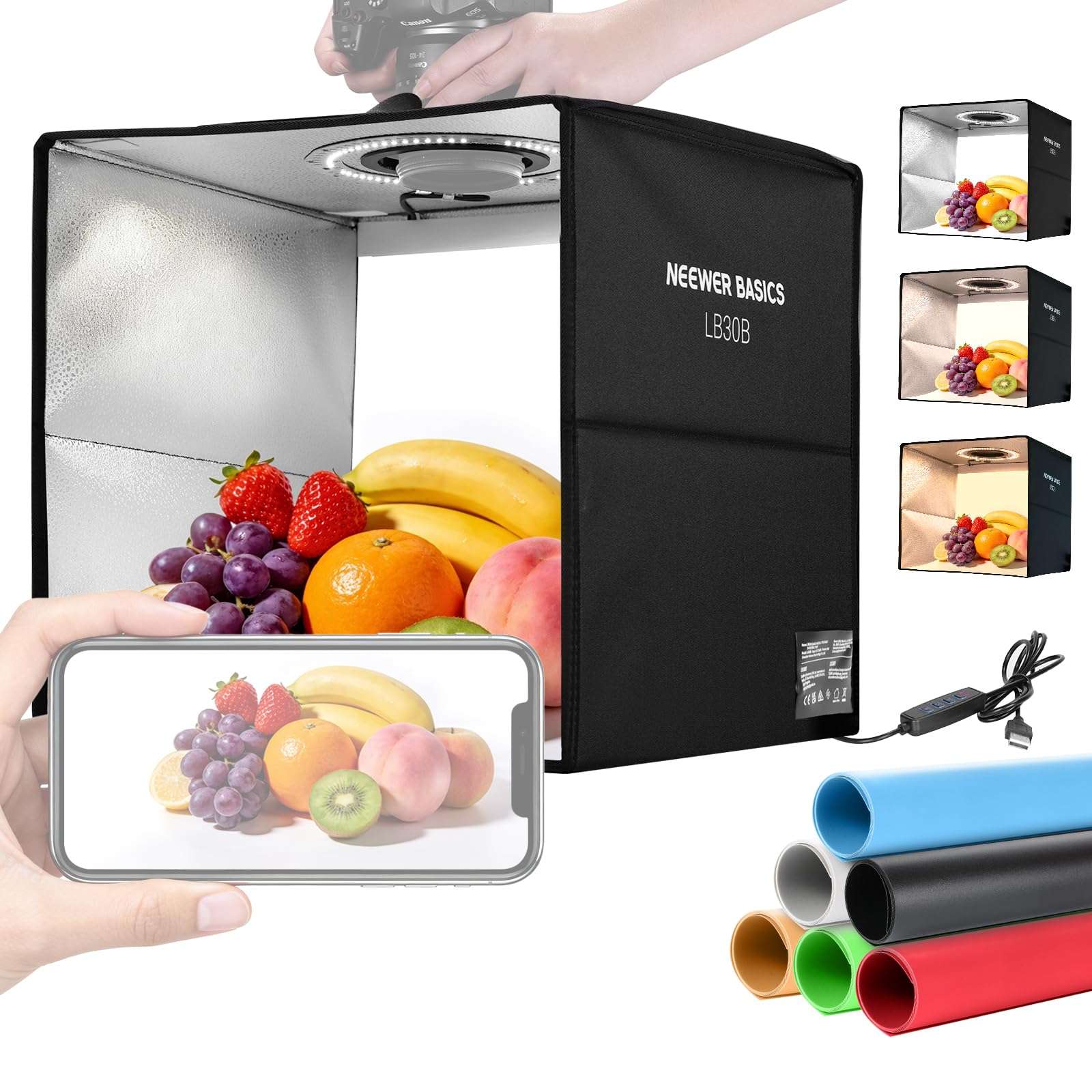 NEEWER Basics Bi Color Photo Studio Light Box, 12"x12"x12" Folding Photo Booth Shooting Tent with 6 Color Backdrops, 120 LEDs CRI95+ Dimmable for Tabletop Jewelry Electronics Food Photography, LB30B 1