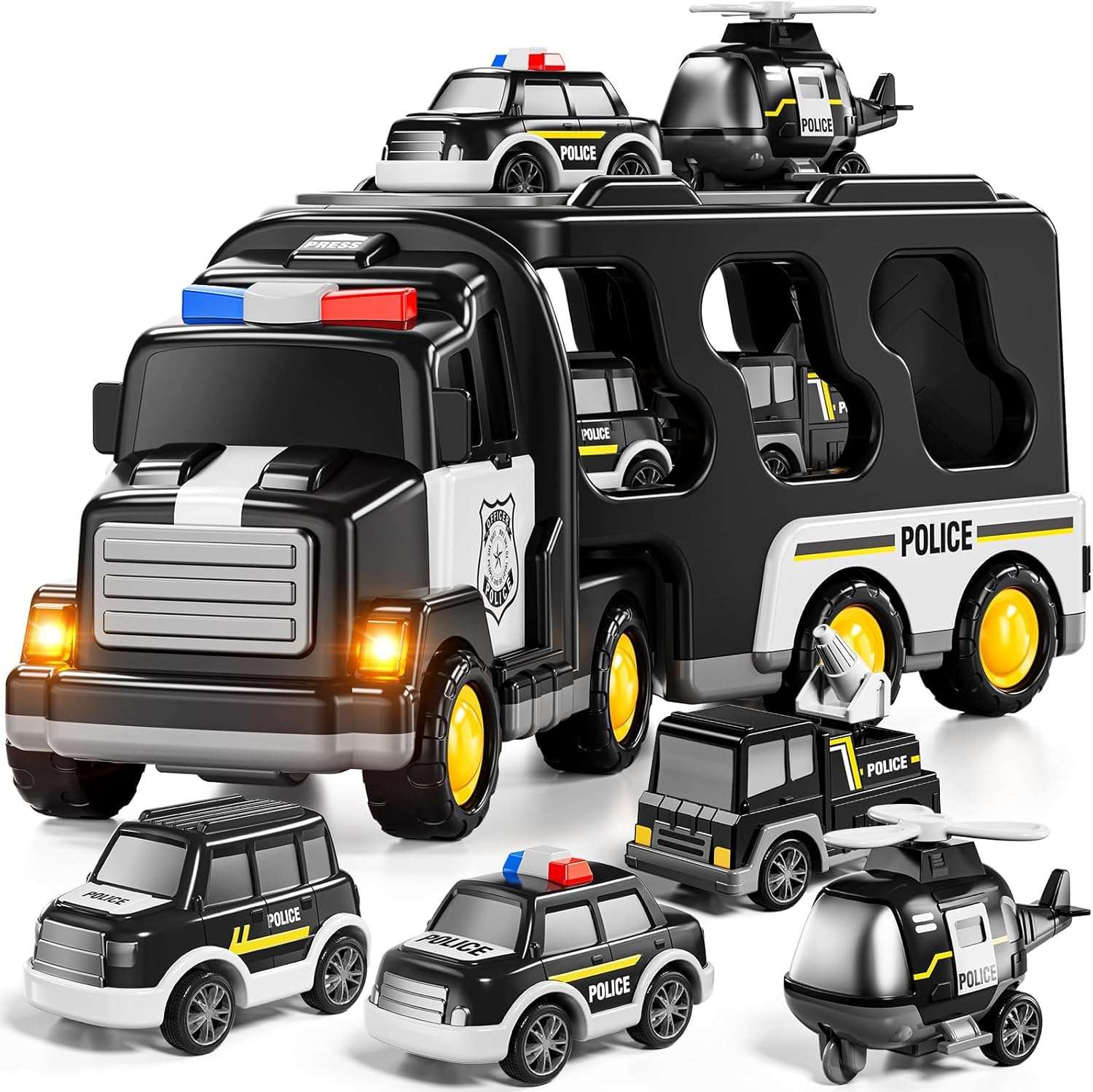 Kidology 5 in 1 Police Trucks Boy Toys for 3-5 Year Old Toddlers - Toys for 3 4 5 6 7 Years Old Transport Vehicle Carrier Truck Sets Kids Boys & Girls