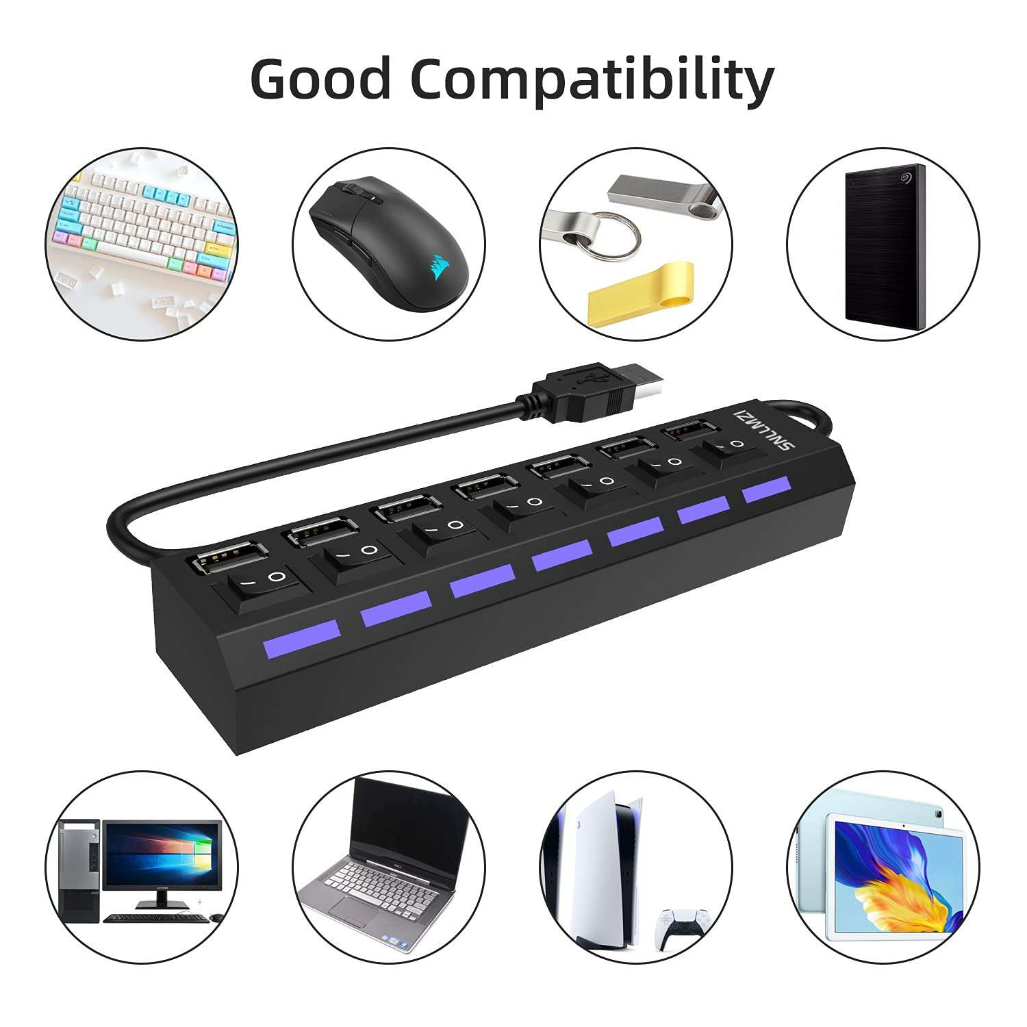 USB Hub, 7 Port USB 2.0 Hub LED Portable High-Speed Compatible for iMac Pro, MacBook Air, Mac Mini/Pro, Surface Pro, PC and Laptop 5