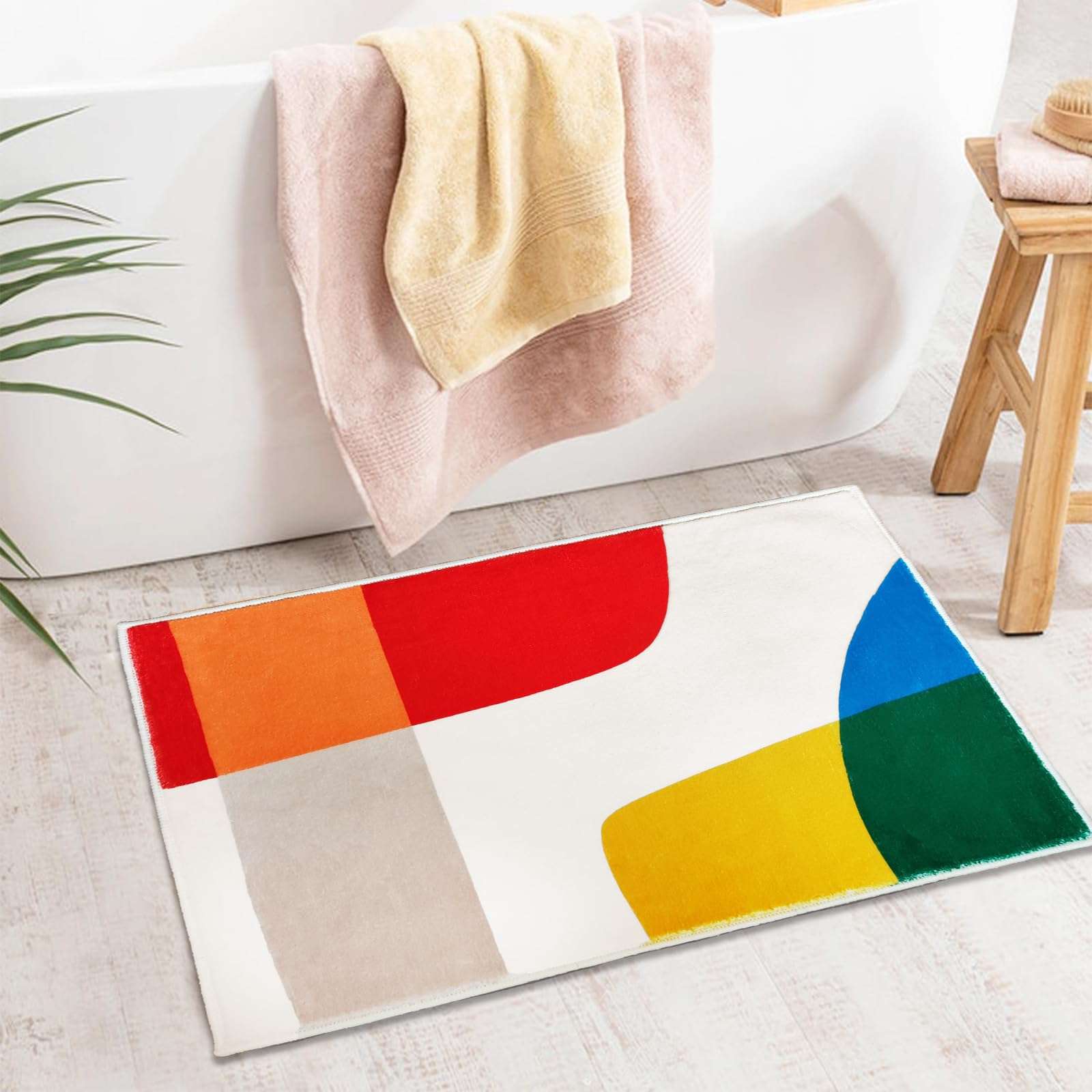 DVKKHD Modern Abstract Bathroom Rug Bright Color Block Washable Bath Mat for Kids Soft Small Bathroom Rug Non Slip Shower Rugs for Bathroom Tub Funny Room Carpet for Bedroom Indoor Door Mats 16”x24” 1