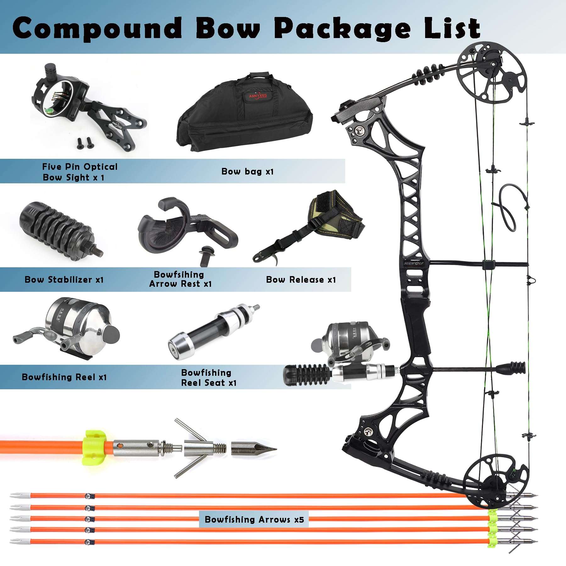 surwolf Bowfishing Compound Bow Kit Draw Weight 30-70lbs Adjustable Ready to Fish Kit with Bowfishing Reel,Bow Fishing Arrows Right Handed for Adult/Youth Fishing Hunting/Target Shooting (Black) 6