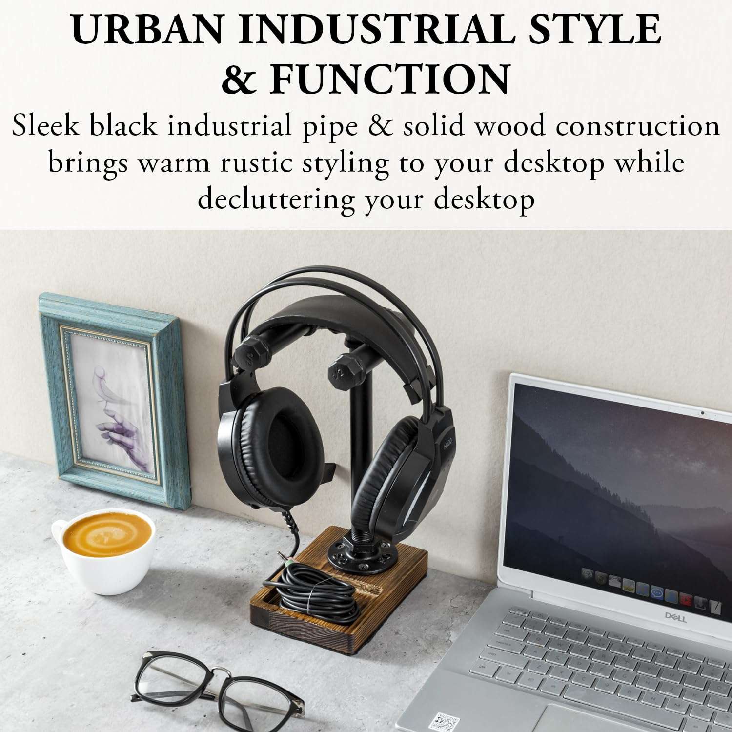 MyGift Headphone Stand, Industrial Black Metal Pipe Universal Desktop Headset Holder with Burnt Solid Wood Tray 3
