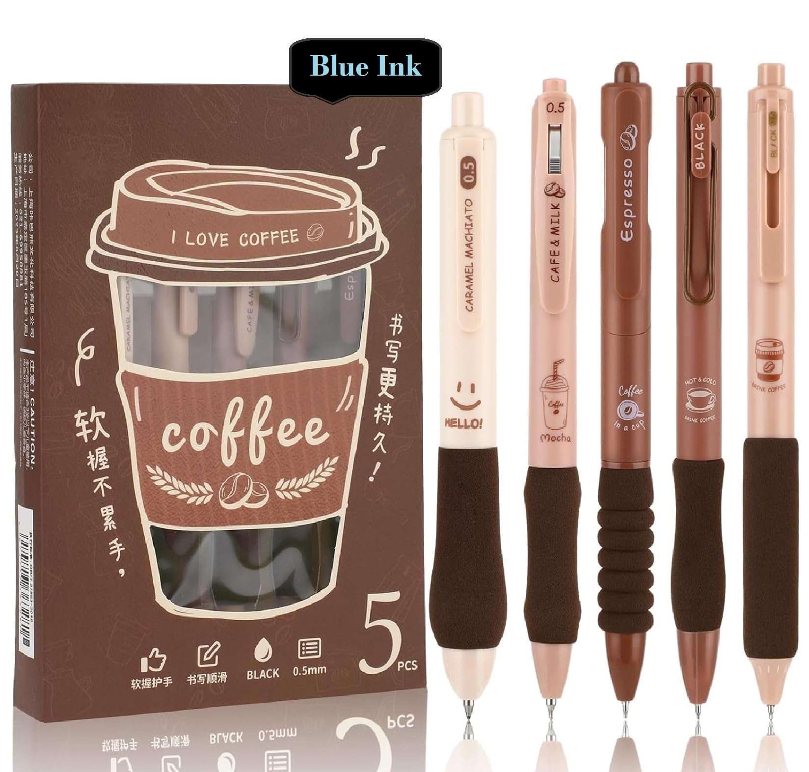 Shuttle Art 5 Pcs Coffee Theme Pen Set 0.5mm Blue Ink Retractable Pens with Soft Rubber Grip | Fine Point Smooth Writing Pens for Journaling, School, Office & Stationery Lovers 1