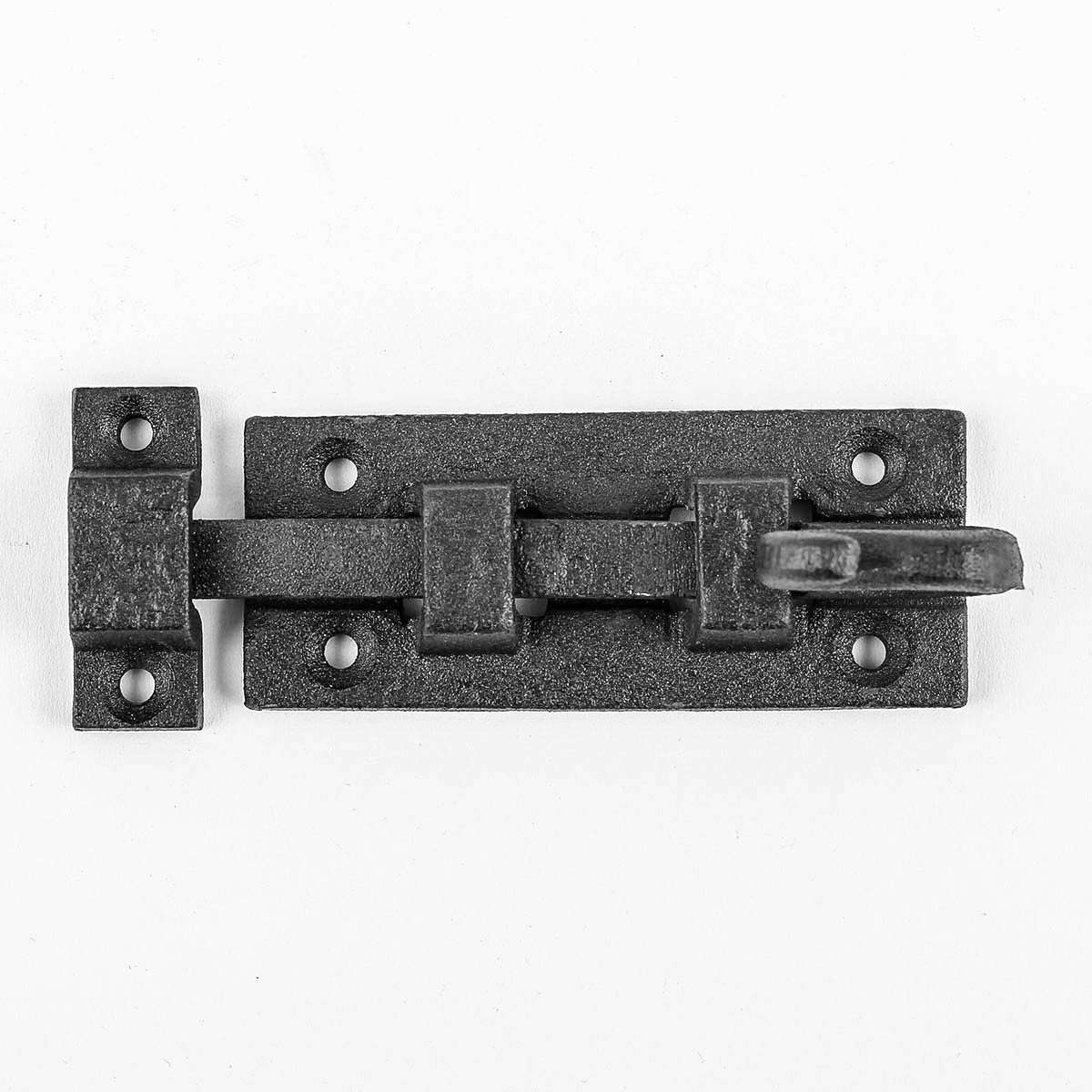 Renovators Supply Manufacturing Black Slide Bolt Door Latch 3 7/8 in. Long Wrought Iron Metal Surface Sliding Bolts with Catch for Cabinet Doors Rust Resistant Security Locks with Hardware Pack of 4 6