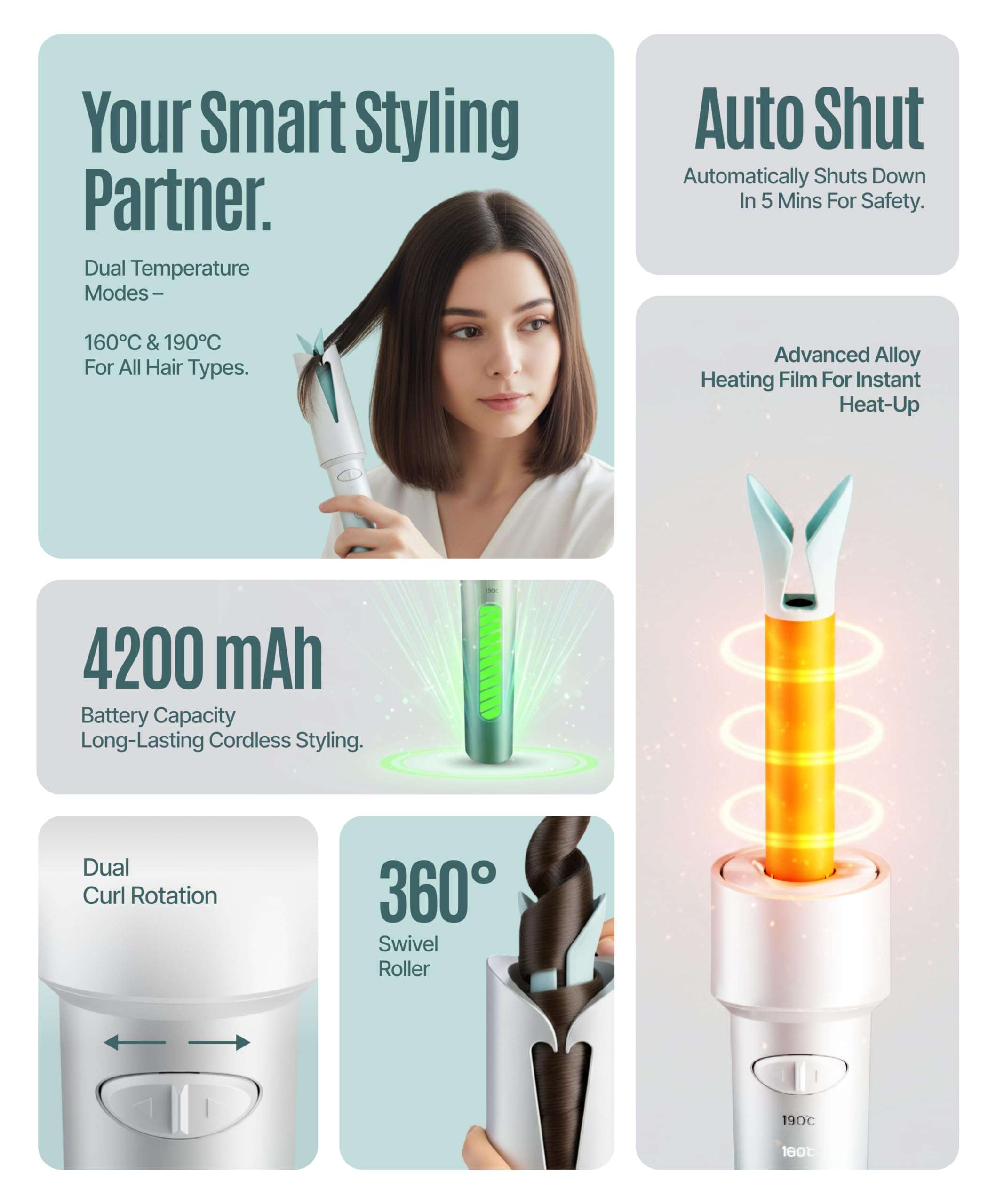 OWNAIR Automatic Hair Curler for Women | Cordless Hair Curler Machine – Dual Modes (Left/Right), 2 Temp Settings (160°C & 190°C), 4200mAh USB-C Rechargeable Iron with 360° Swivel Barrel 3