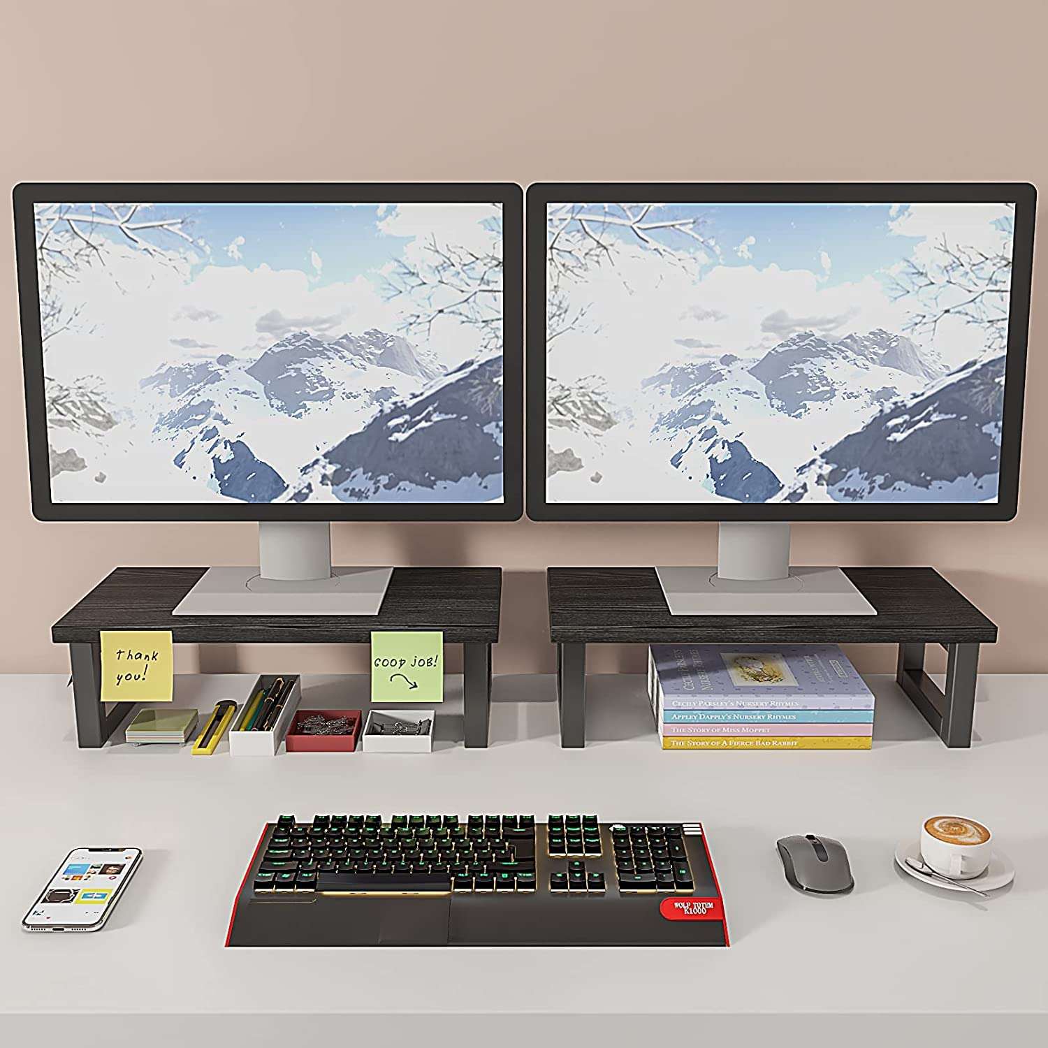 INDIAN DECOR 39340 Monitor Stand Riser for Computer Desktop Wood Riser Supports Storage Organizer Shelf for Laptop Computer, 15.5 inches, Black 3