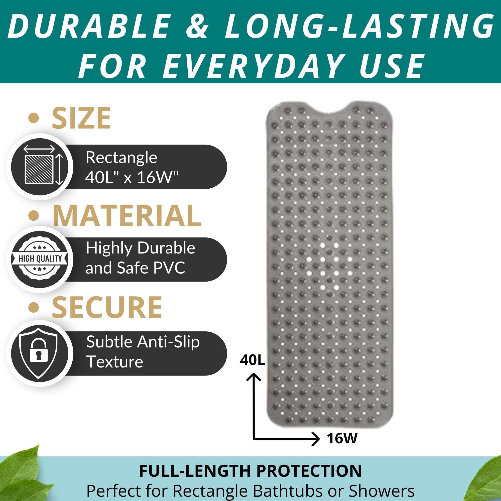 ENKOSI Bath Mat - Large Non Slip Bathtub & Shower Mat - Extra Long 40 X 16 Inch Bathroom Mats for Tub Nonslip Anti Slip Bathmats (40X16 Clear Grey 1-Pack) 4