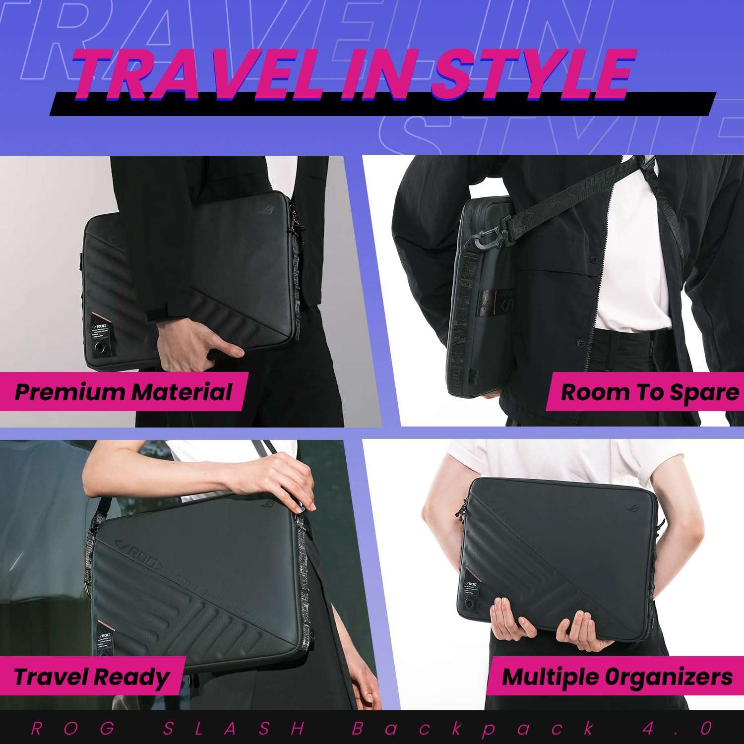 ASUS ROG Slash Sleeve Bag 4.0, Fit 16" Laptop, Adaptor, and Mouse, Tear-Resistant, Water-Repellent, PU Leather, Adjustable Shoulder Strap, Three-point Fixation Strap, Multiple Pockets, Black 4