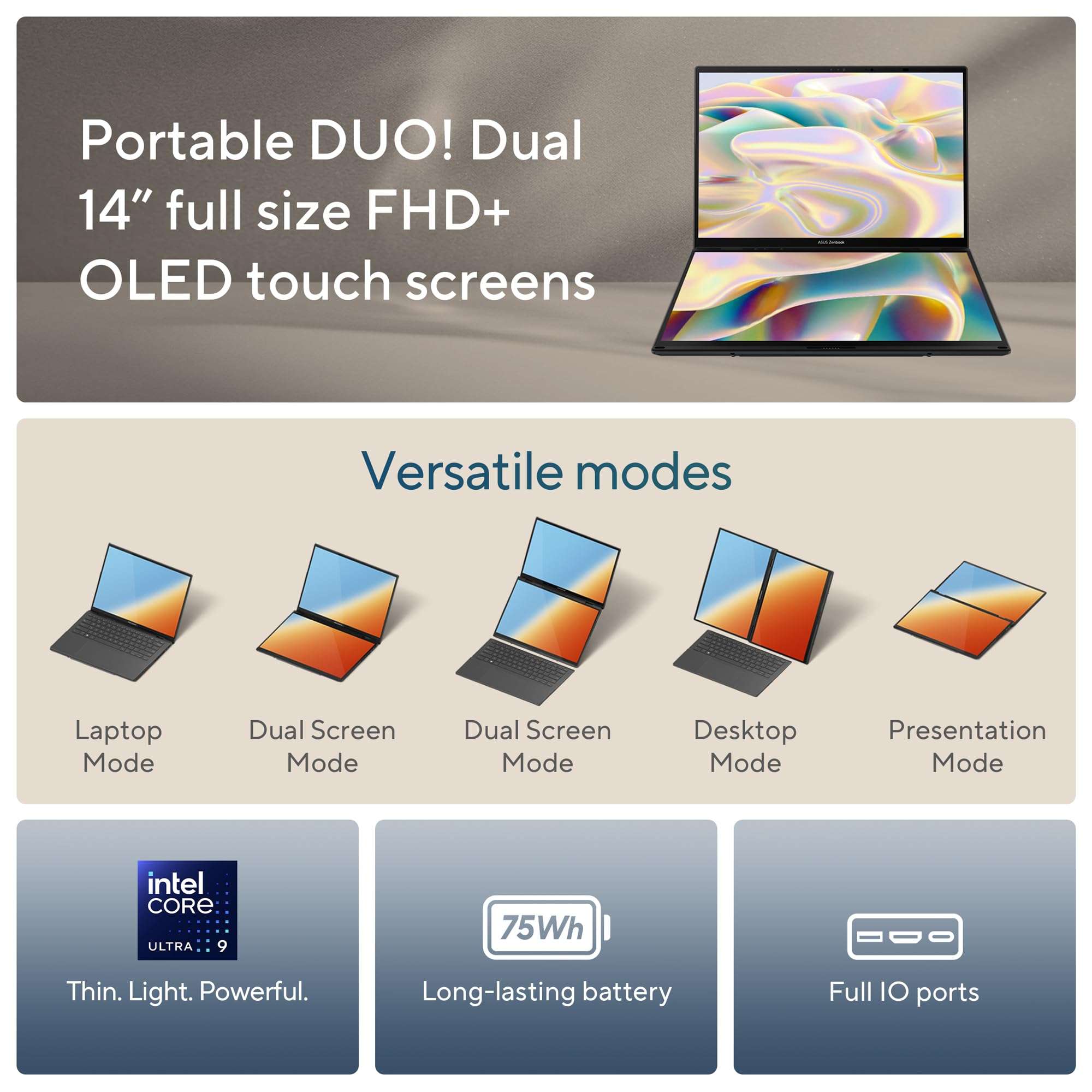 ASUS Zenbook Duo OLED (2024), 14" (35.56cm) FHD OLED Touch Display, Intel Core Ultra 9 185H, Built-in AI, Dual Screen Laptop (32GB/1TB SSD/Intel Arc Graphics/Win11/Gray/1.65 Kg), UX8406MA-QL961WS 2