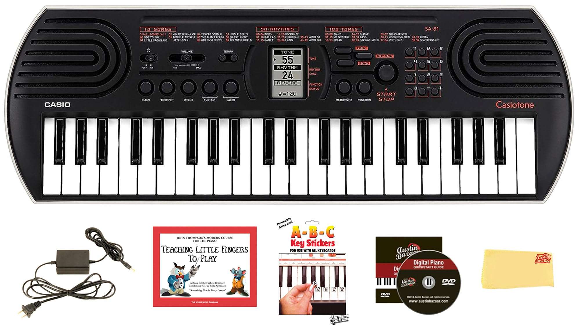Casio SA-76 Mini Keyboard Bundle with Power Supply, Removeable Stickers, Instructional Book, Austin Bazaar Instructional DVD, and Polishing Cloth