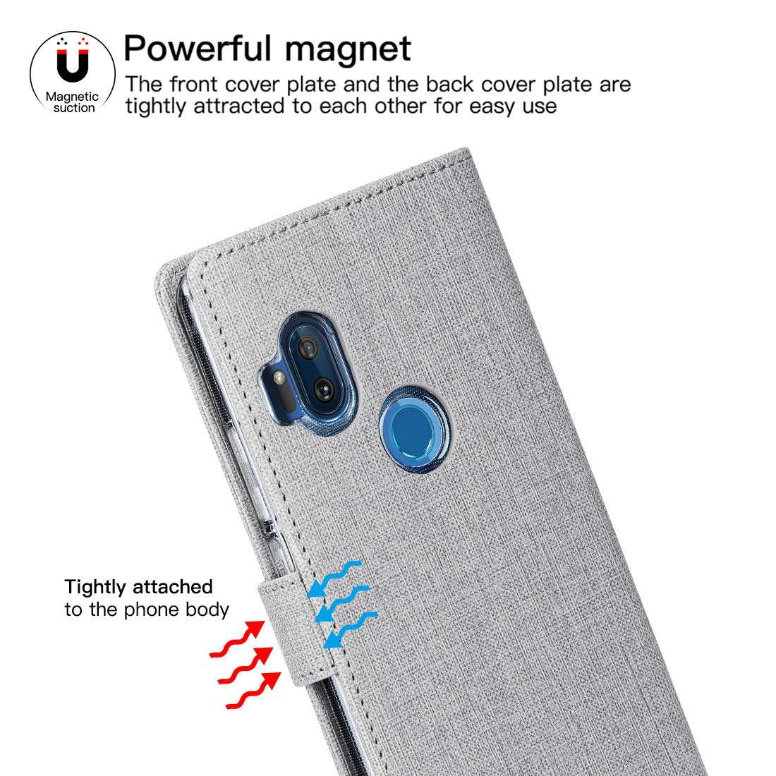 Foluu Motorola One Hyper Case, Wallet Case Cover Card Holster Canvas Flip/Folio Soft TPU Cover Bumper with Kickstand Ultra Slim Strong Magnetic Closure for Motorola One Hyper 6.5 inch 2019 (Gray) 4