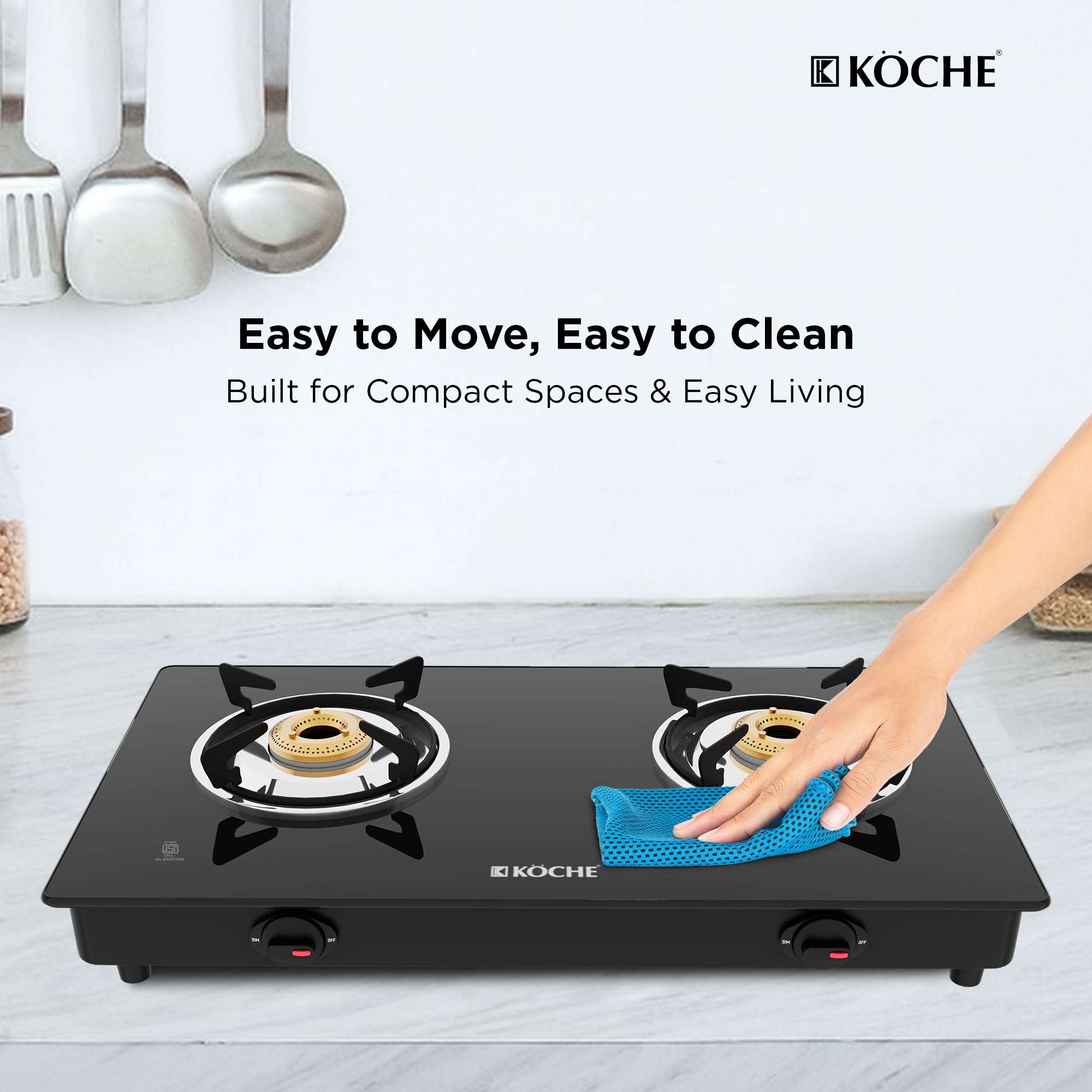 KOCHE Spartek 2B Gas Cooktop | 2 Burner Gas Stove with Toughened Glass Top | High-Power Indian Brass Burners | 360° Revolving Gas Nozzle | Steel Powder-Coated Body | 2-Year Warranty 5