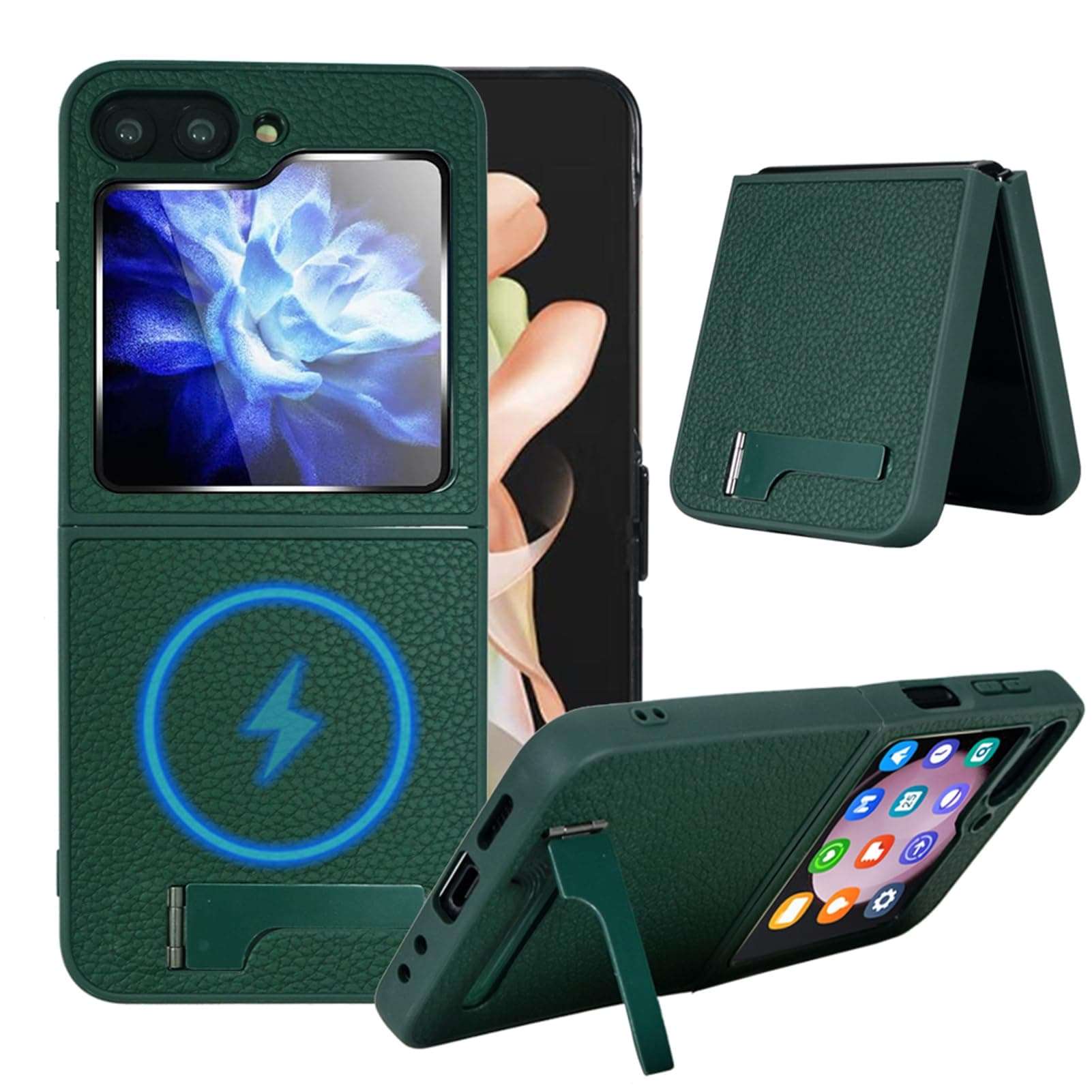 Vitodo Strong Magnetic for Galaxy Z Flip 6 Case Compatible with MagSafe, Built in 3-Way Kickstand Luxury Genuine Leather Shockproof Protection Phone Cover Light&Slim for Samsung Galaxy Z Flip6 (Green) 1