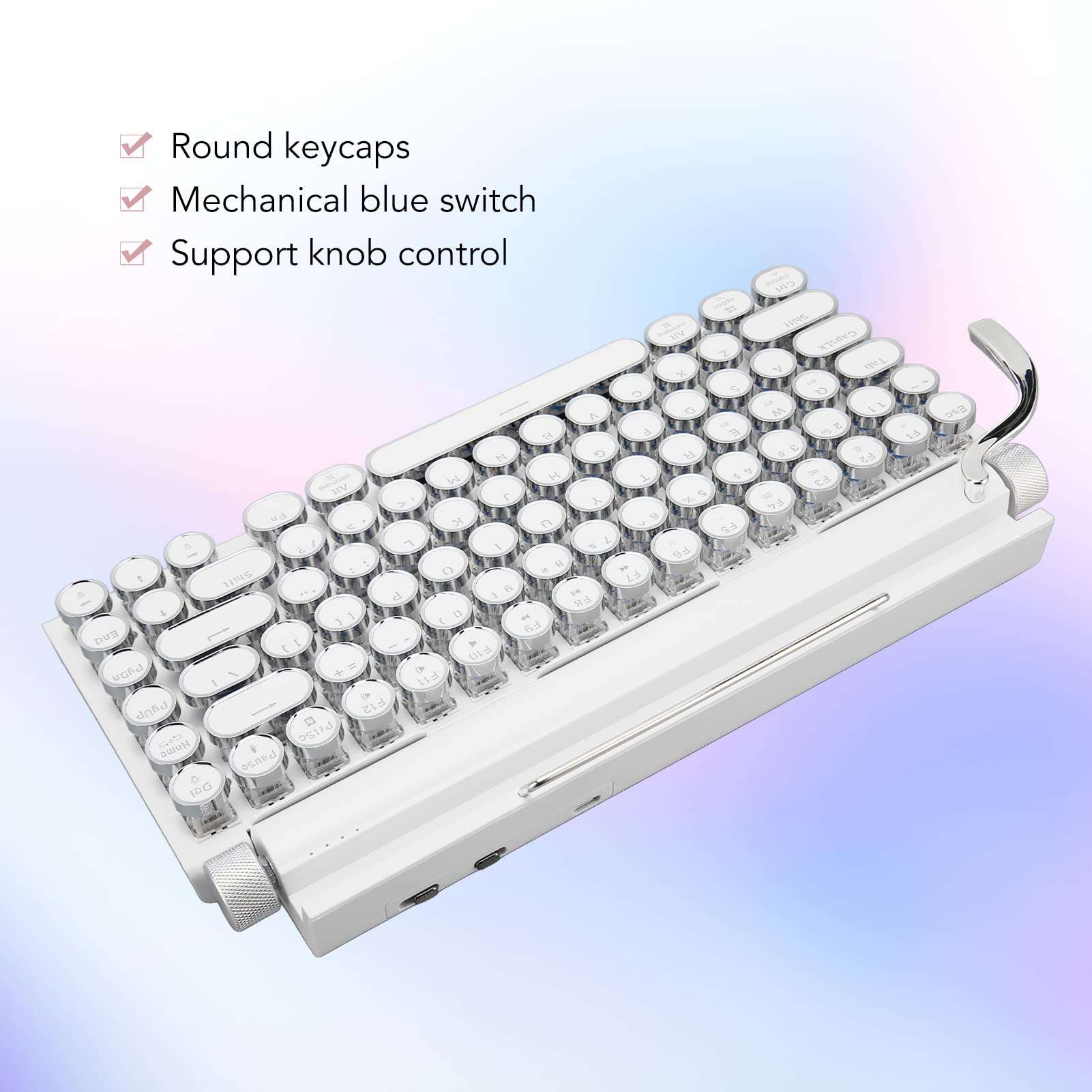 Mechanical Keyboard, Cordless Gaming Keyboard, 83 Key Knob Control Round Keycaps Design, Ergonomic 3 Modes Cordless Keyboard for Phone Laptop, Plug and Play (White) 3