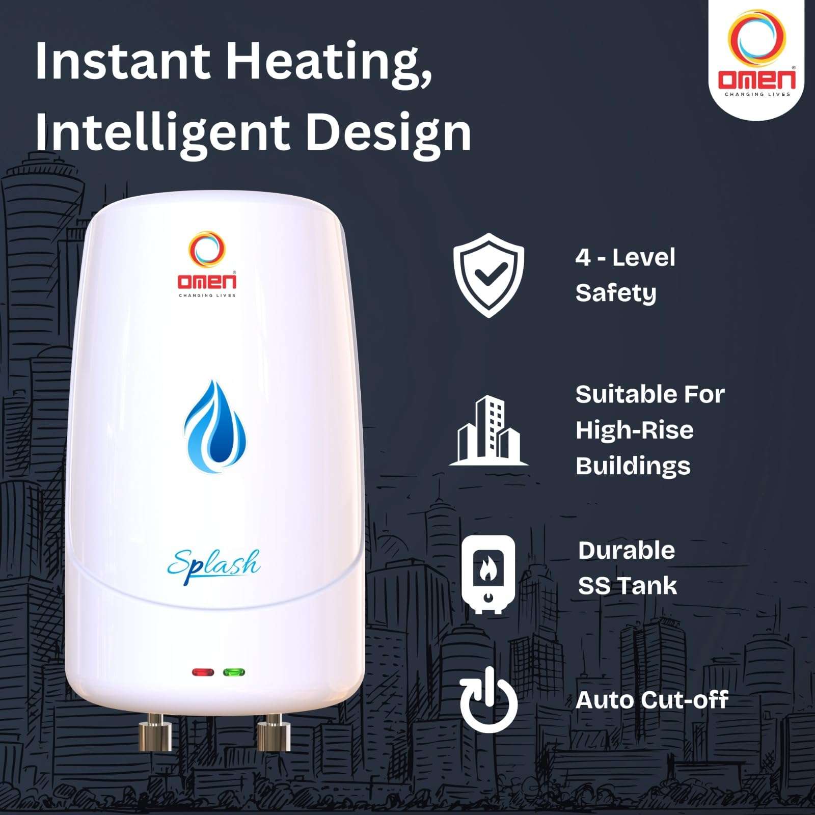 Omen Changing Lives Splash 3 L Instant Water Heater | 3000 W Fast Heating | Gas Geyser with Advanced Safety Features | Rust-Resistant SS Tank | Ideal for Kitchen & Bathroom 4