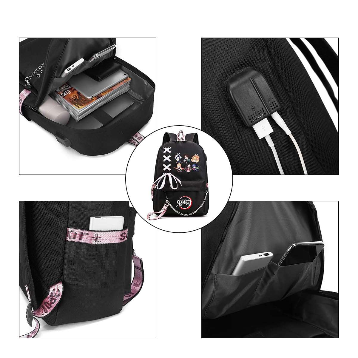 PALAY® Anime Backpack with USB Charging Port and Headphone Jack, Demon Slayer Girls Large Travel Backpack 14 Inches Laptop Bag Cartoon Anime Print Backpack School Gift for Kids (Black) 6