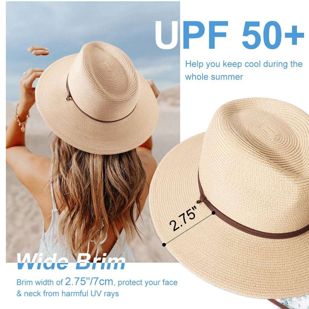 DRESHOW Womens Summer Straw Sun Hat Wide Brim Bucket Hats Fedora Hat Panama Beach Hat with Chin Strap UPF 50+ 4