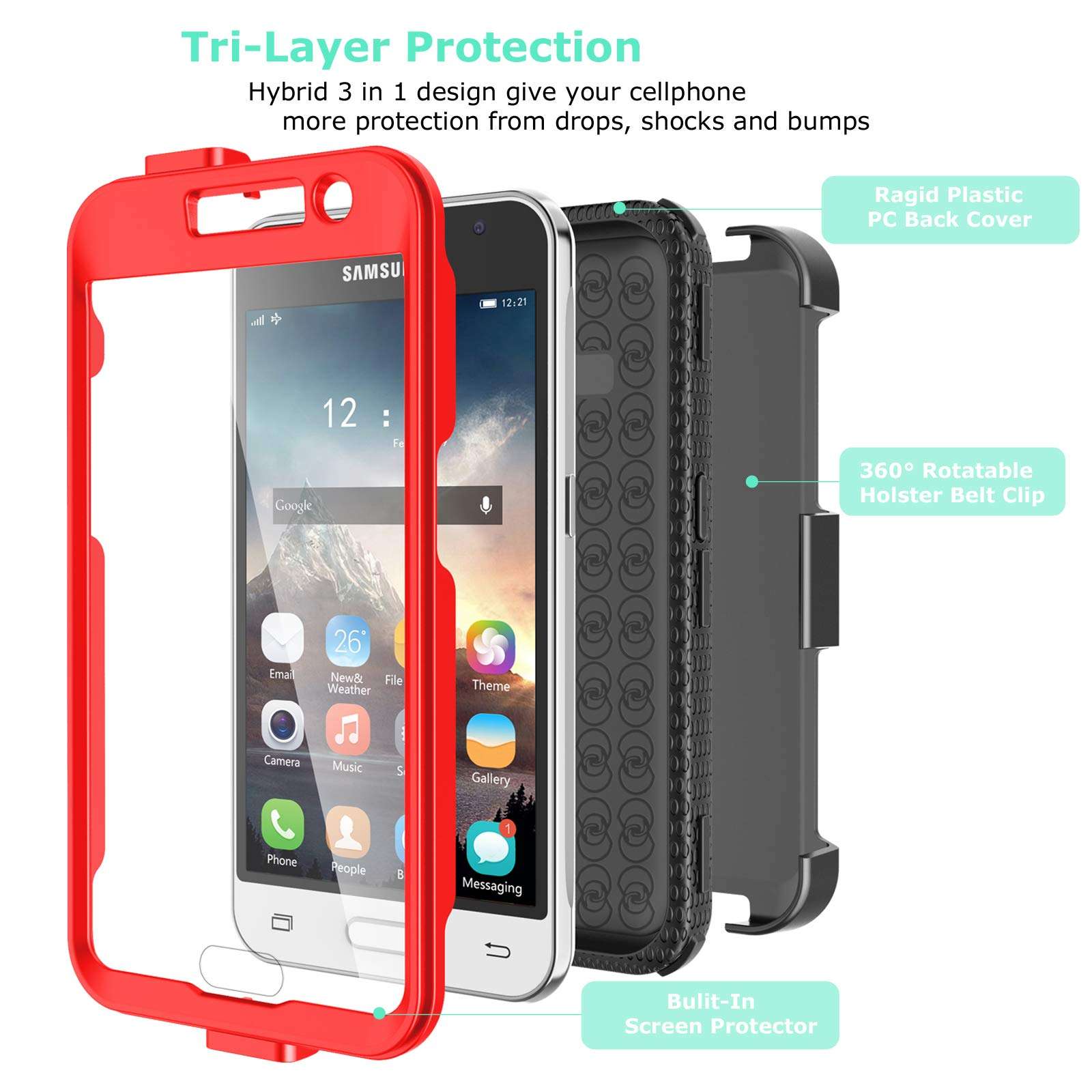 Tinysaturn Galaxy Luna Case, Galaxy Amp 2 Case, Galaxy Express 3 Case,J1 2016 Case, (TM) [Yvenus Series] [Red] Shock Absorbing Holster Belt Clip [Built-in Screen] Cover for Samsung Galaxy J1 2016 3